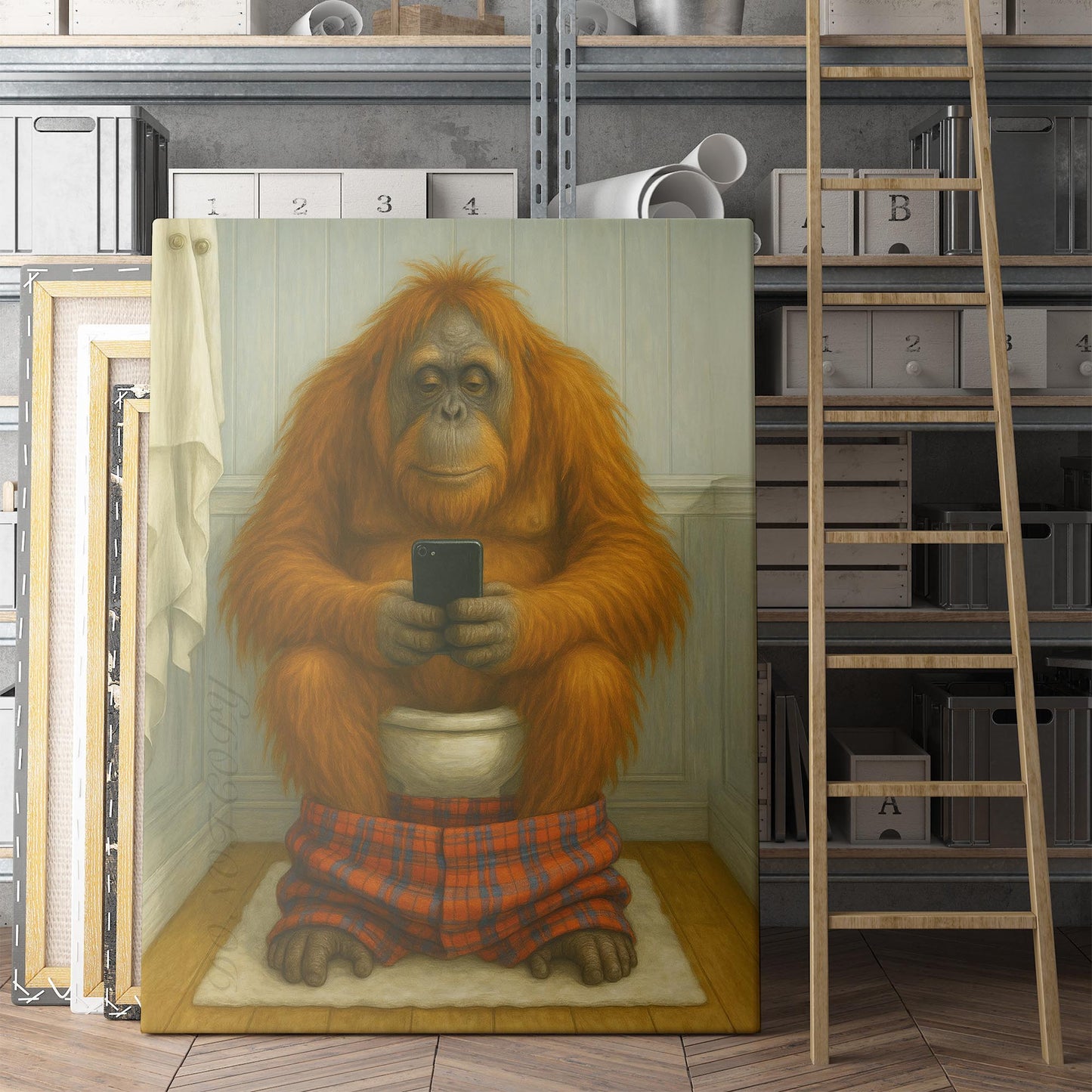 Orangutan On The Phone On The Toilet