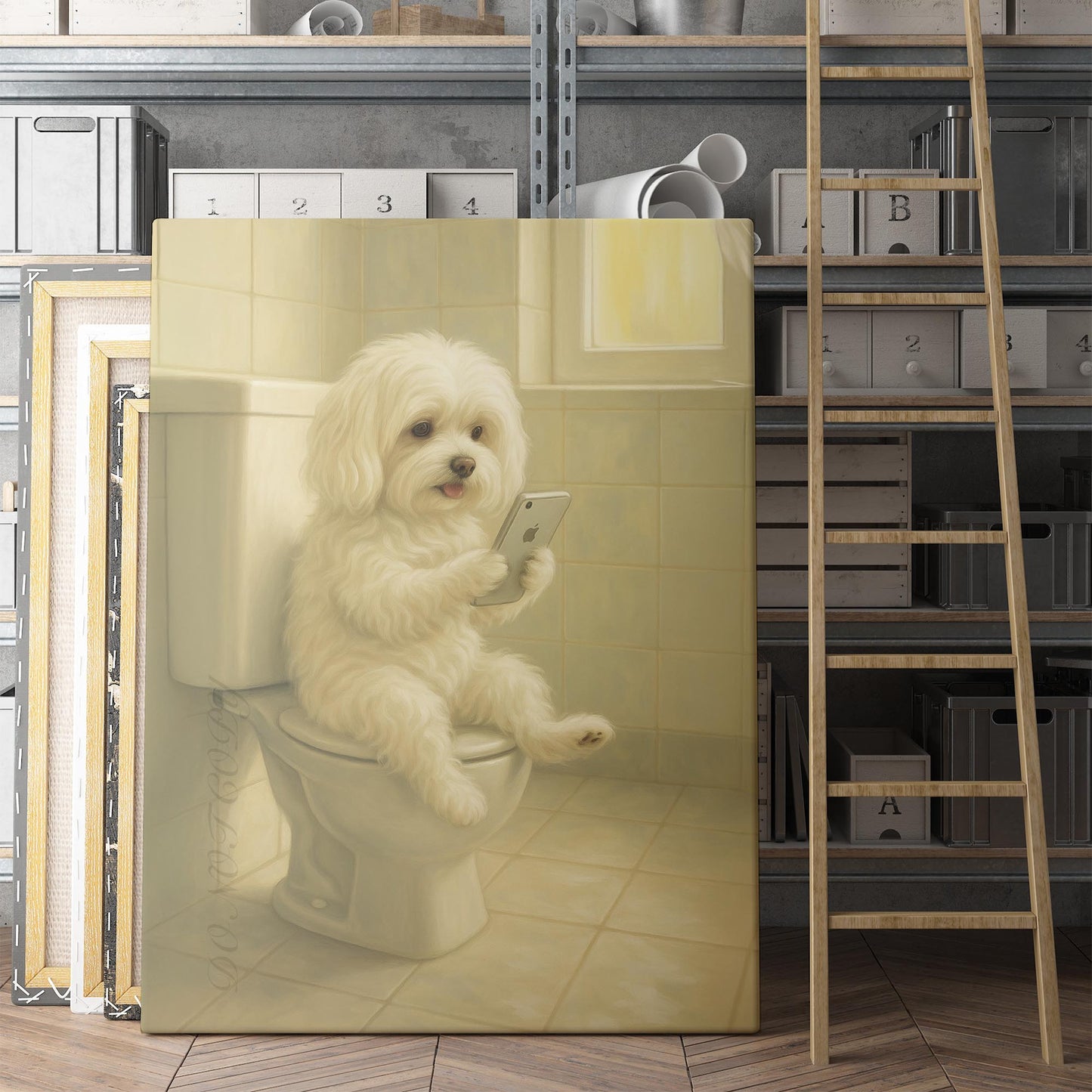 Maltese Dog On The Phone On The Toilet