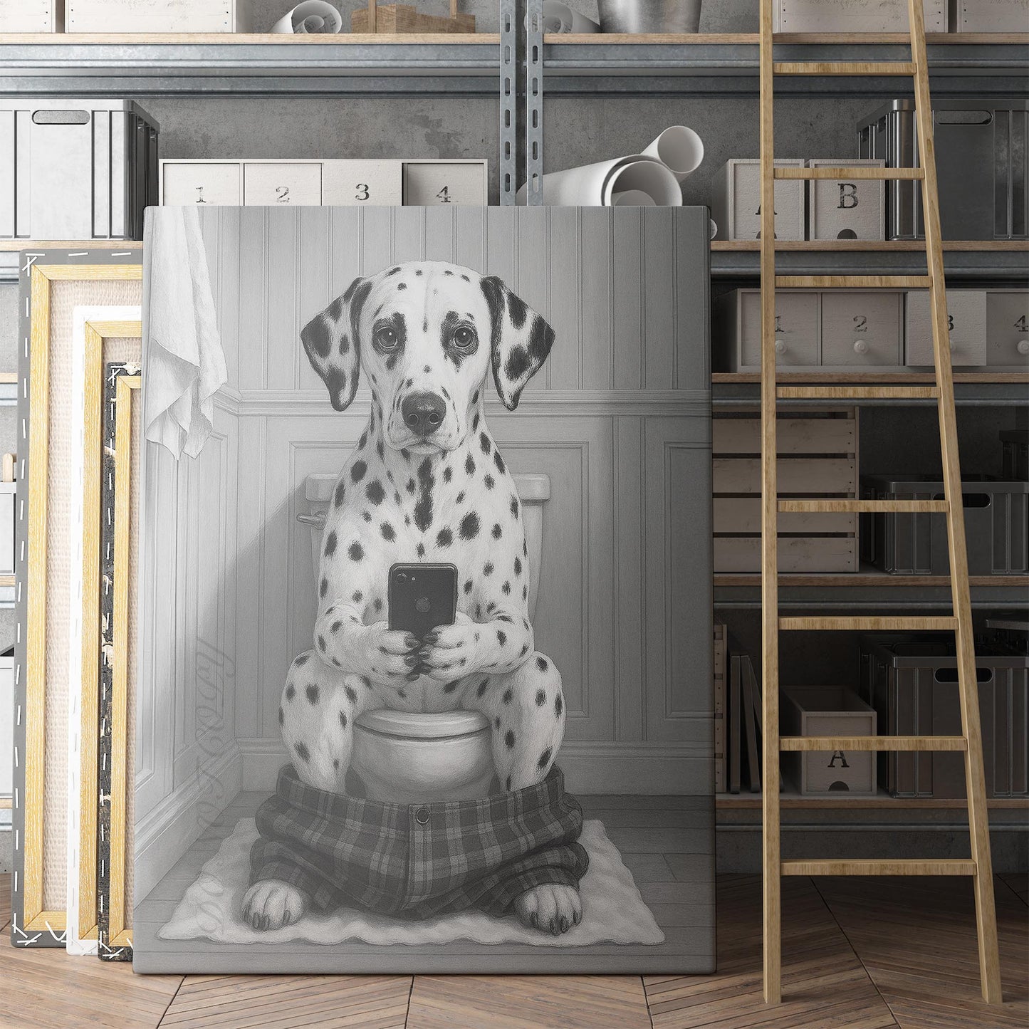 Dalmatian Dog On The Phone On The Toilet