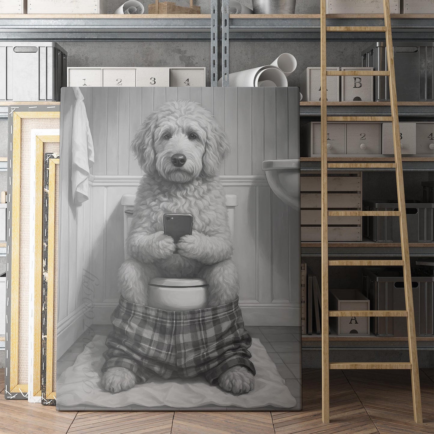 Golden Doodle Dog On The Phone On The Toilet