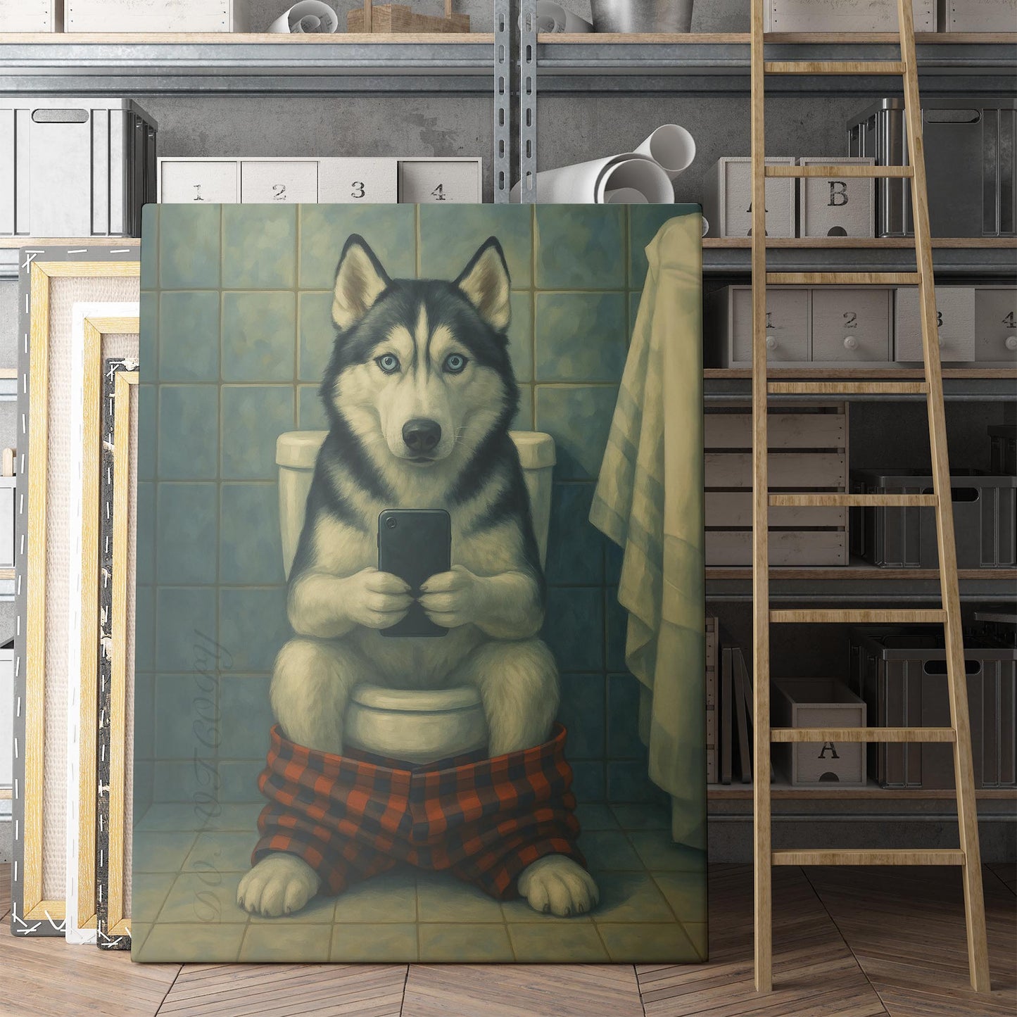 Husky On The Phone On The Toilet