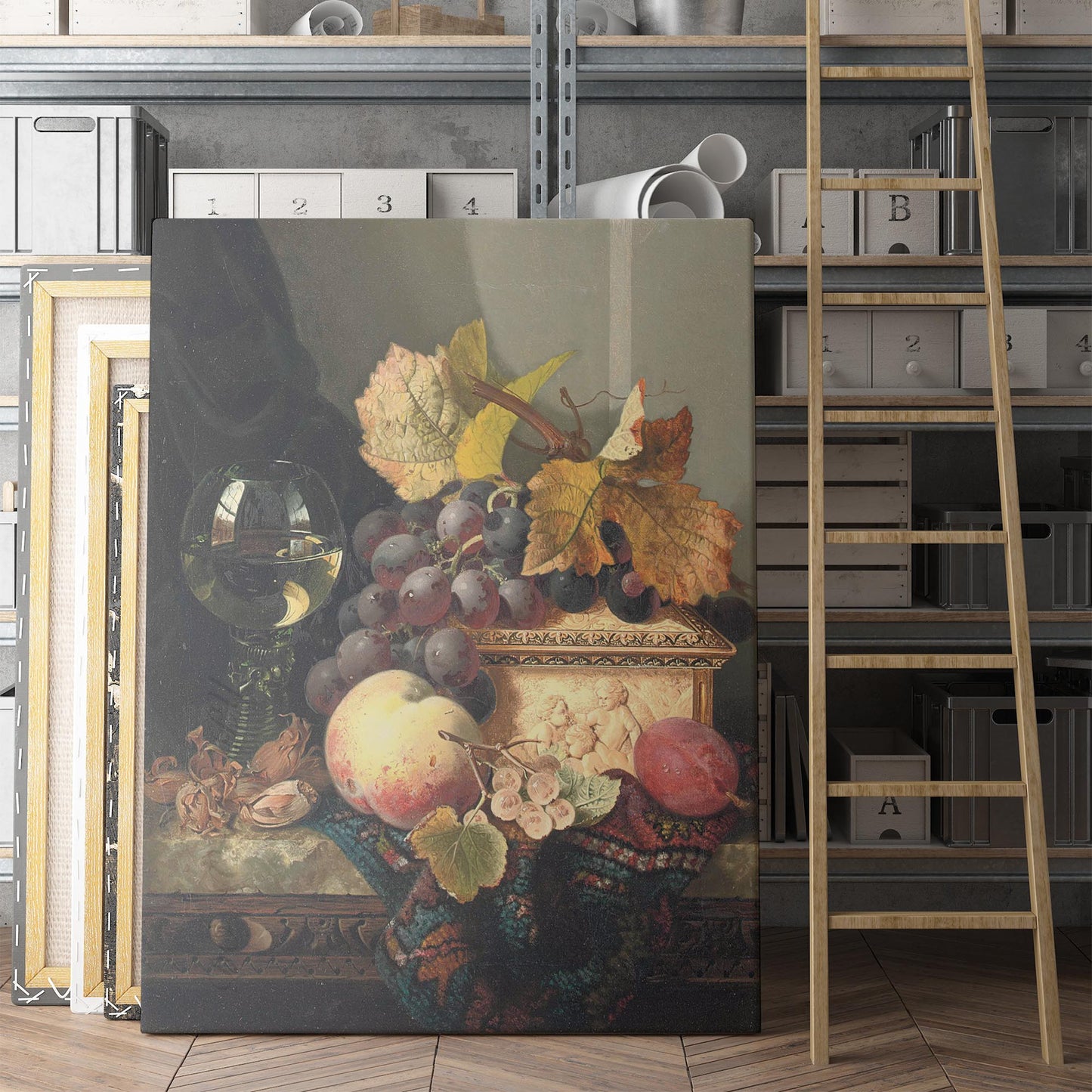 A Still Life of Black Grapes, a Peach, a Plum, Hazelnuts, a Metal Casket and a Wine Glass on a Carved Wooden Ledge - Edward Ladell