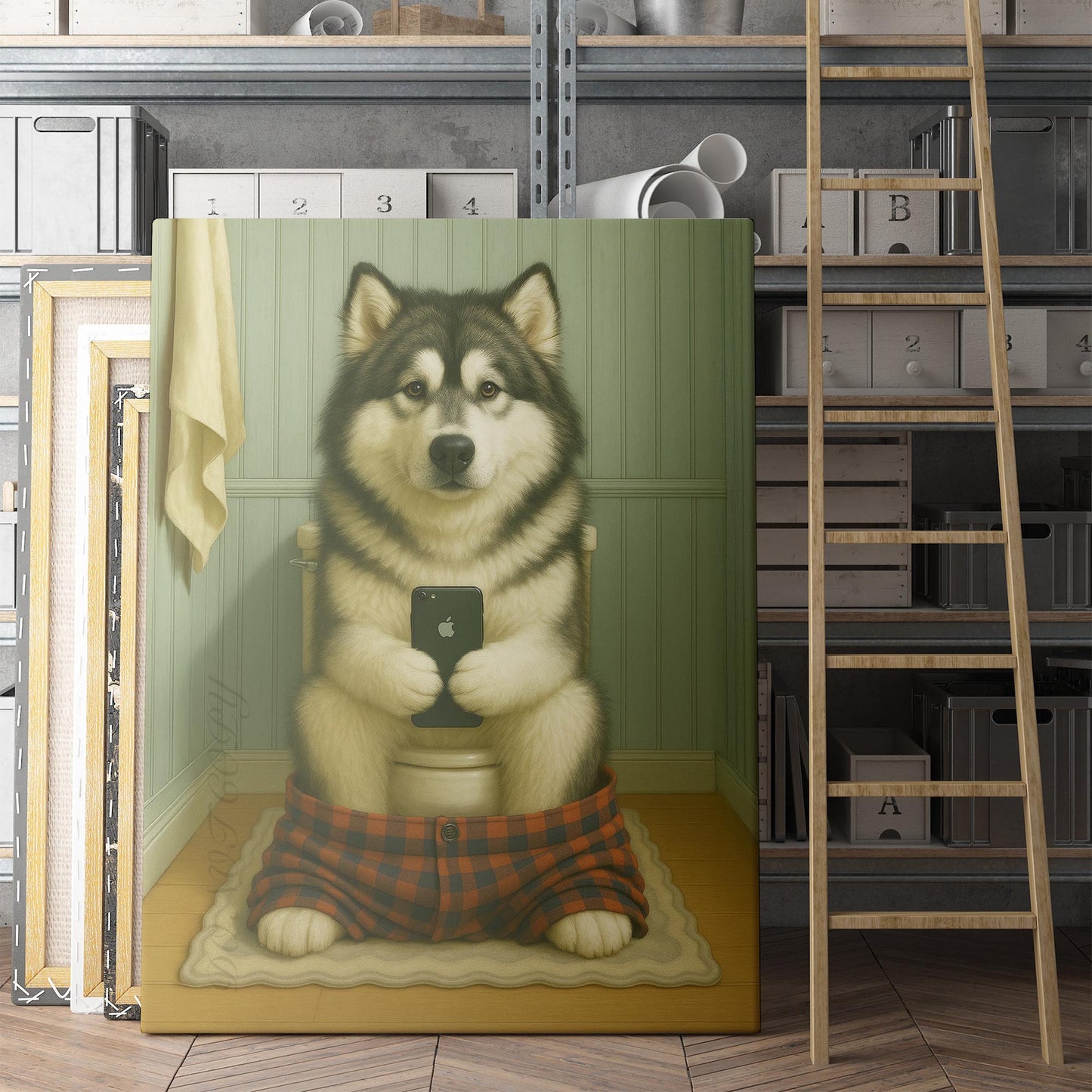 Alaskan Malamute On The Phone On The Toilet