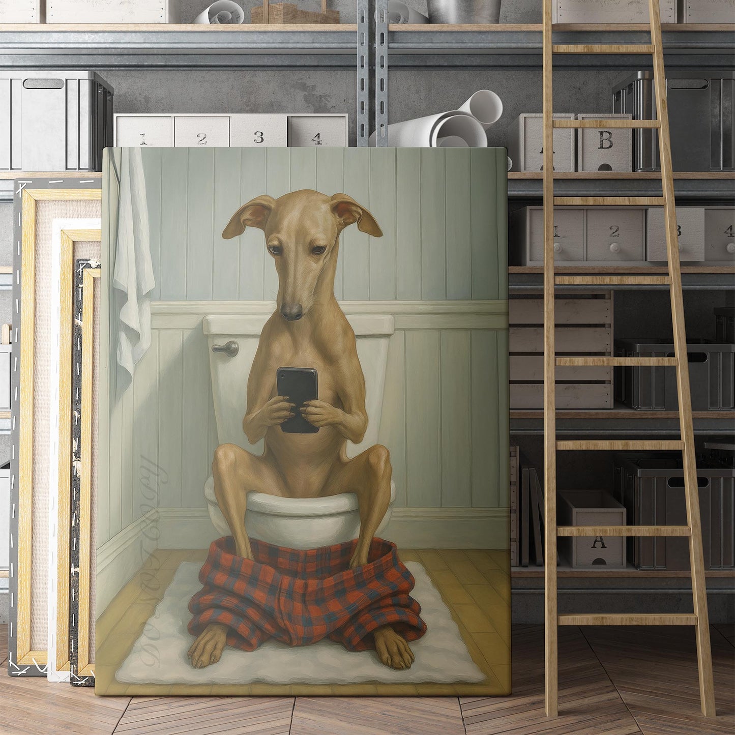 Italian Greyhound Dog On The Phone On The Toilet