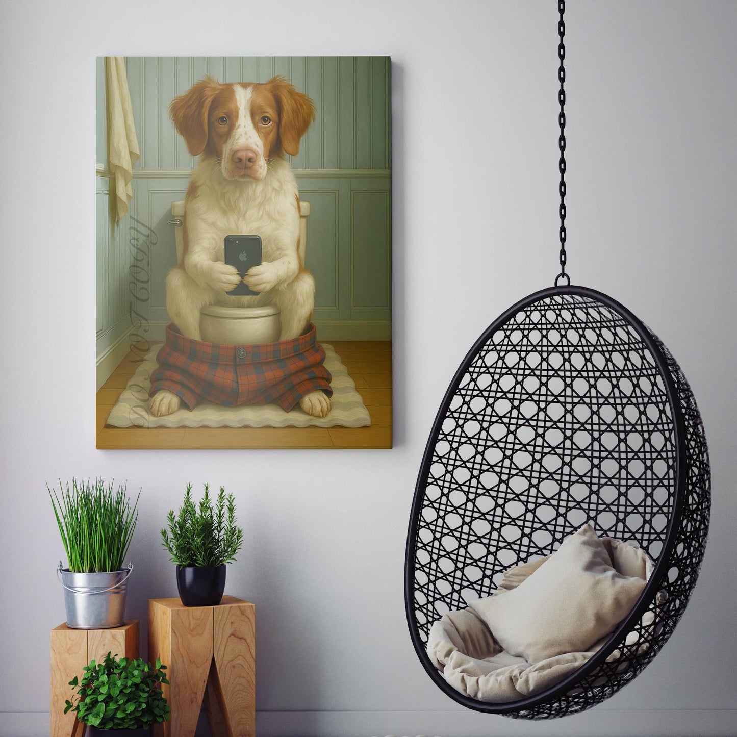 Brittany Dog On The Phone On The Toilet