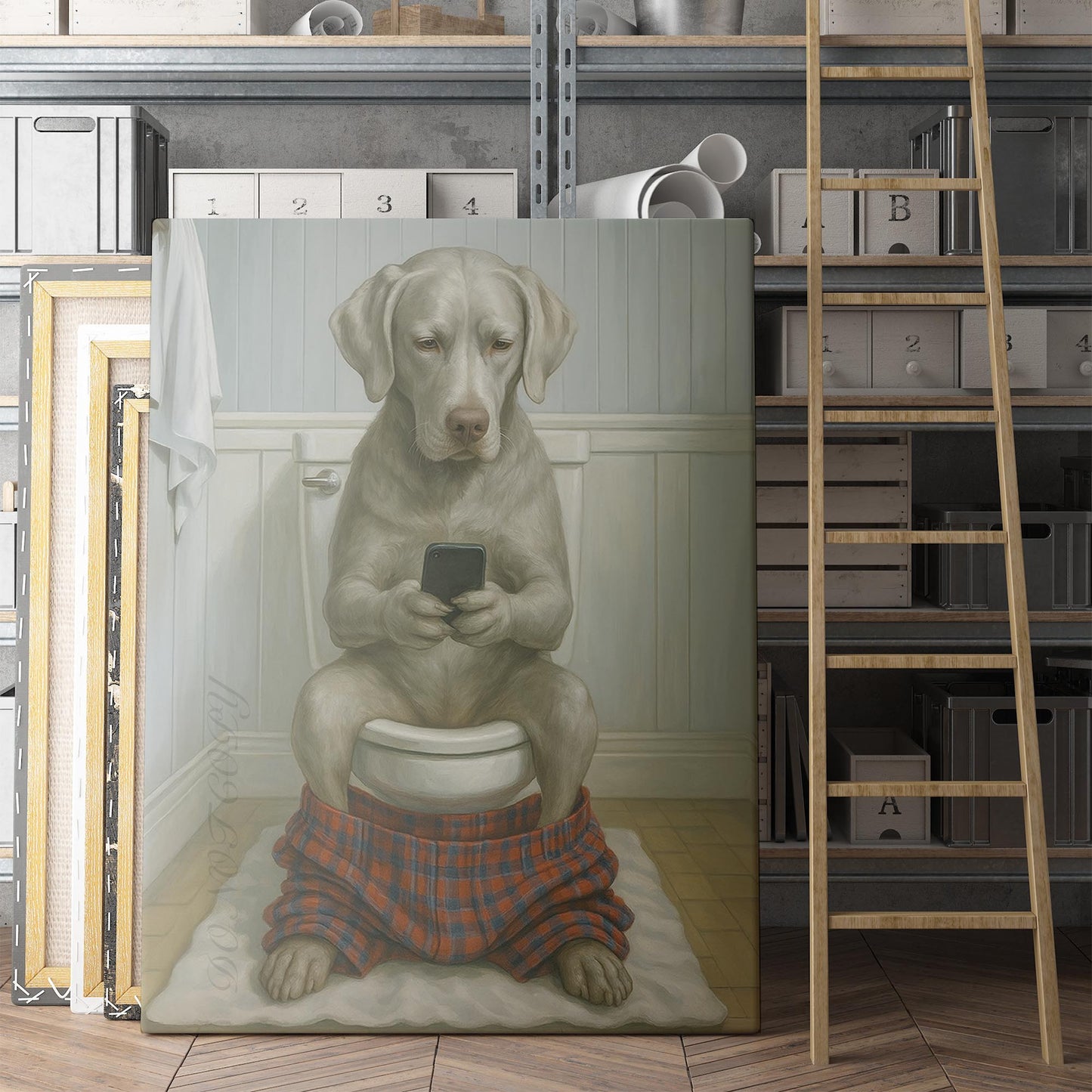 Silver Labrador Retriever Dog On The Phone On The Toilet
