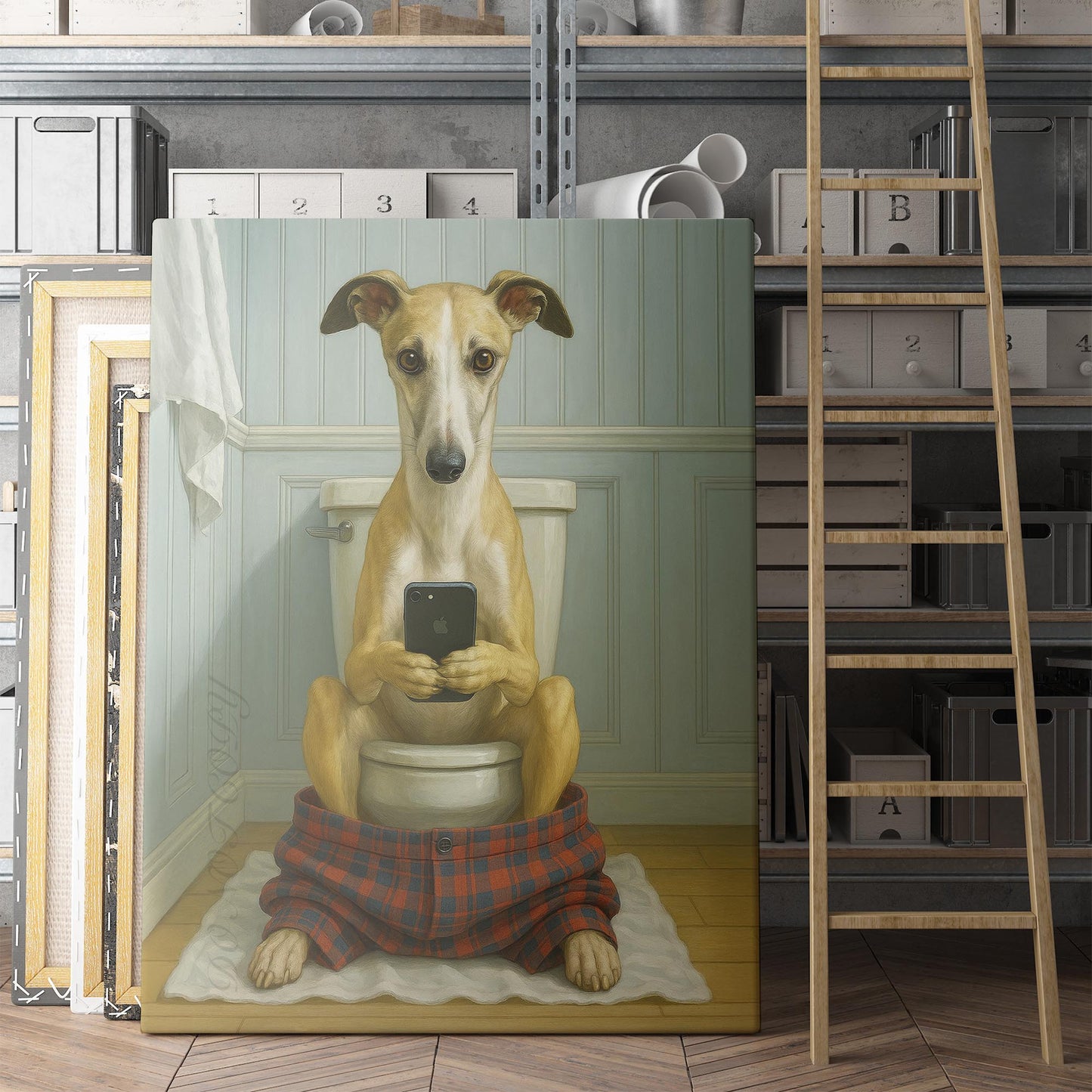 Whippet Dog On The Phone On The Toilet