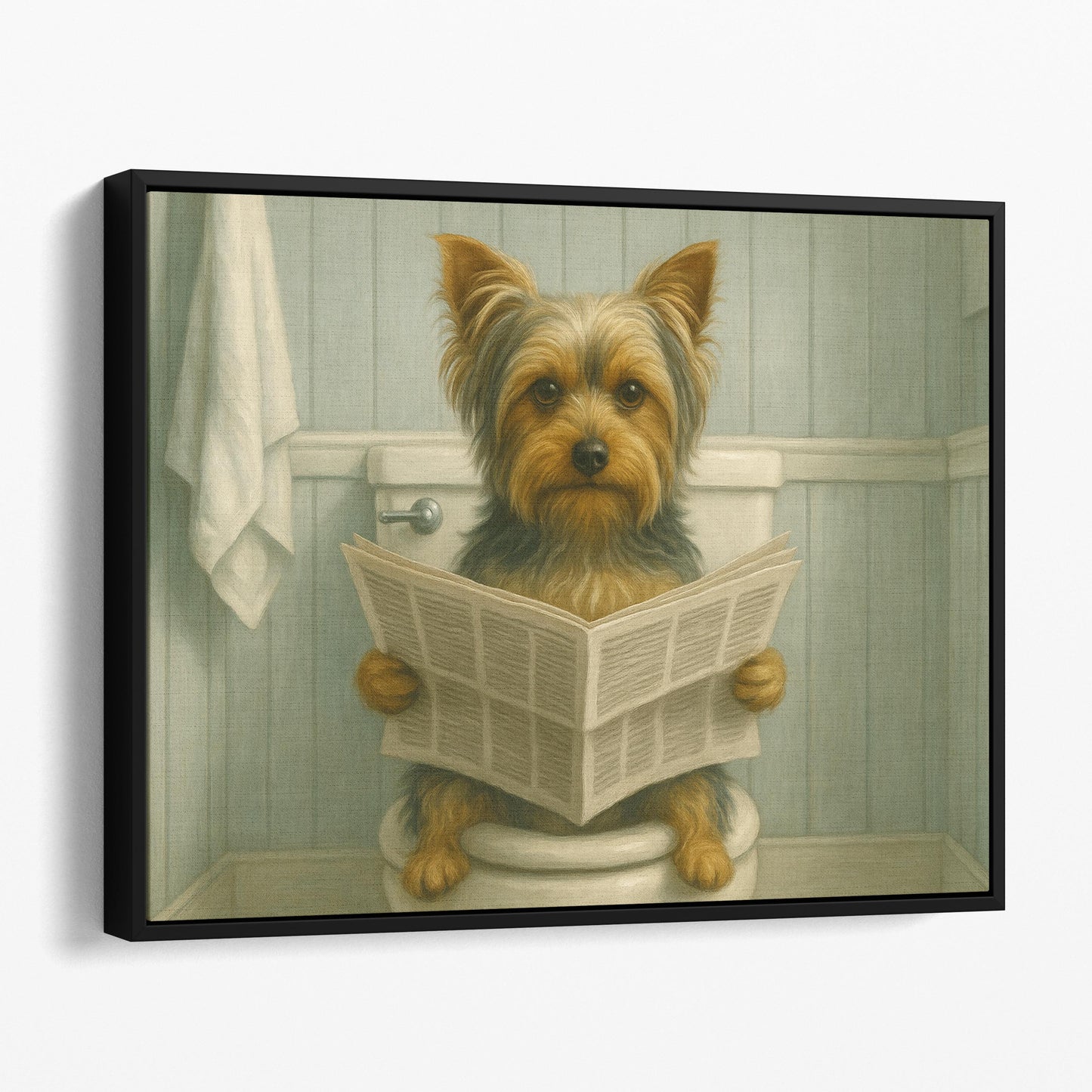 Yorkshire Terrier Reading The Newspaper On The Toilet