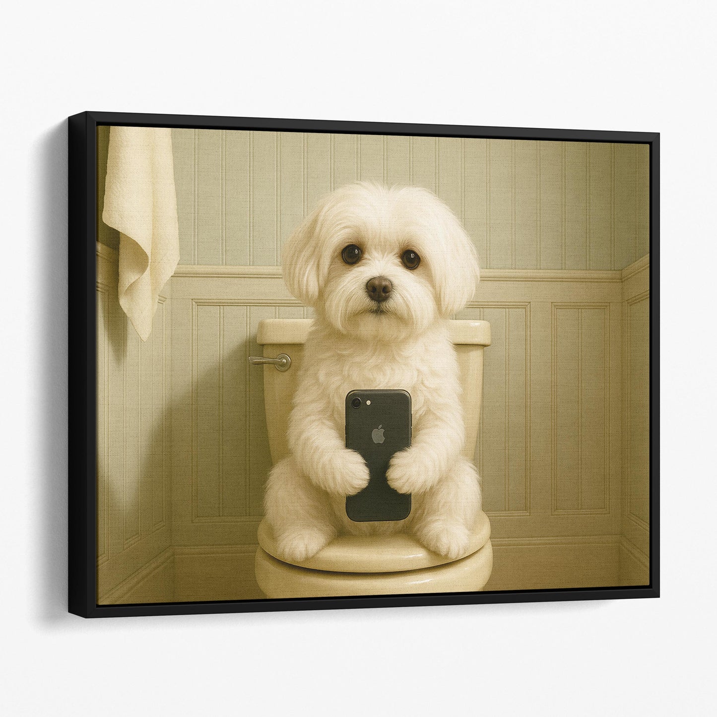 Maltese Dog On The Phone On The Toilet