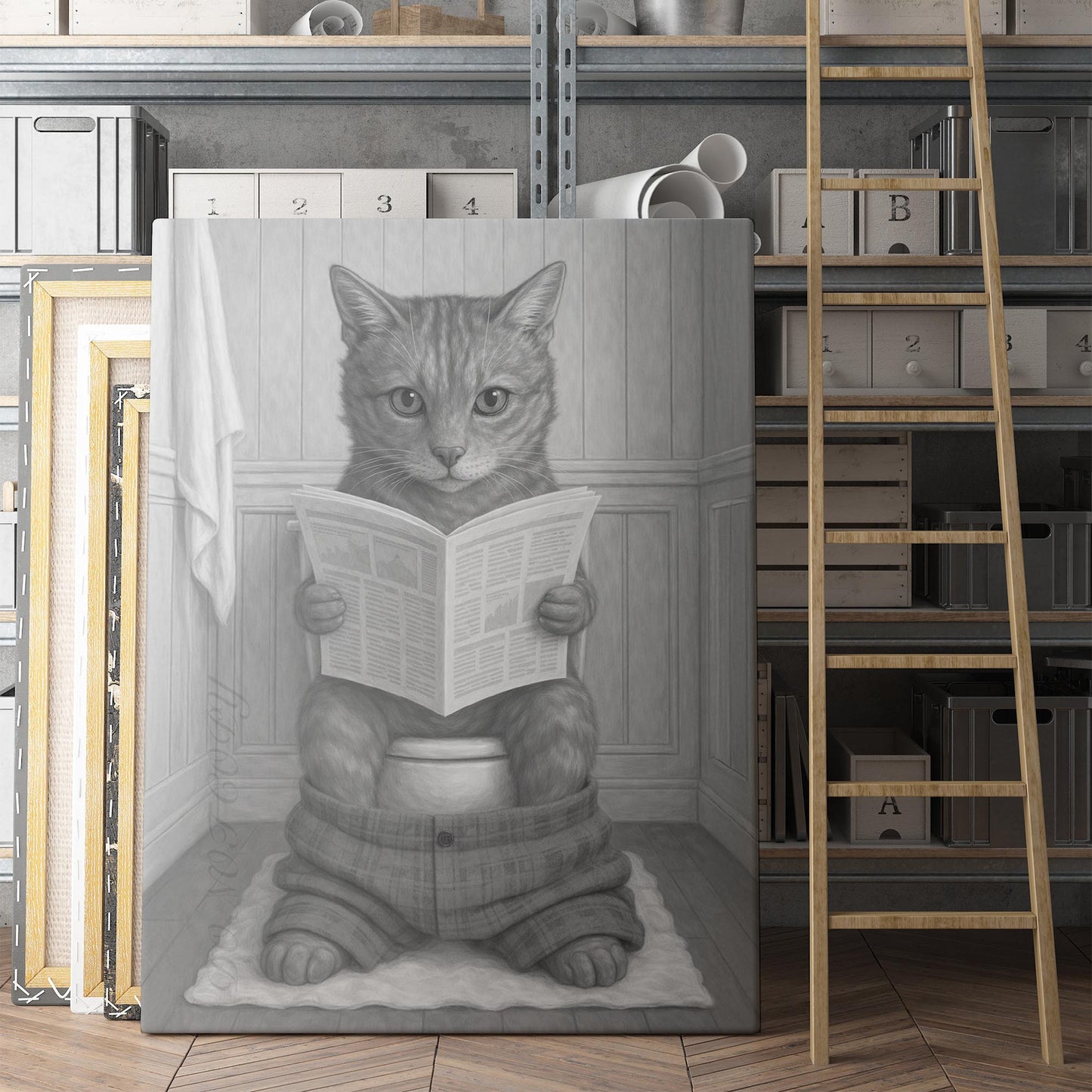 Cat Reading The Newspaper On The Toilet