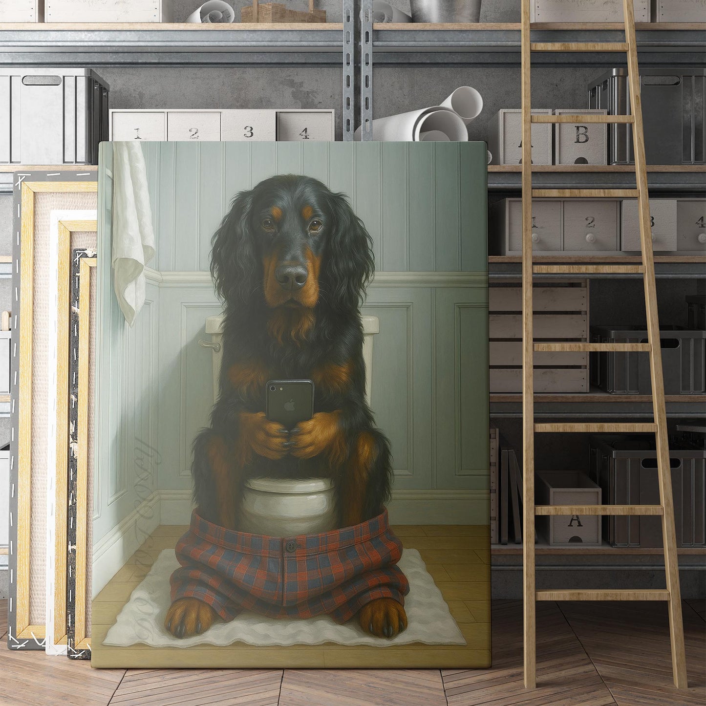 Gordon Setter Dog On The Phone On The Toilet