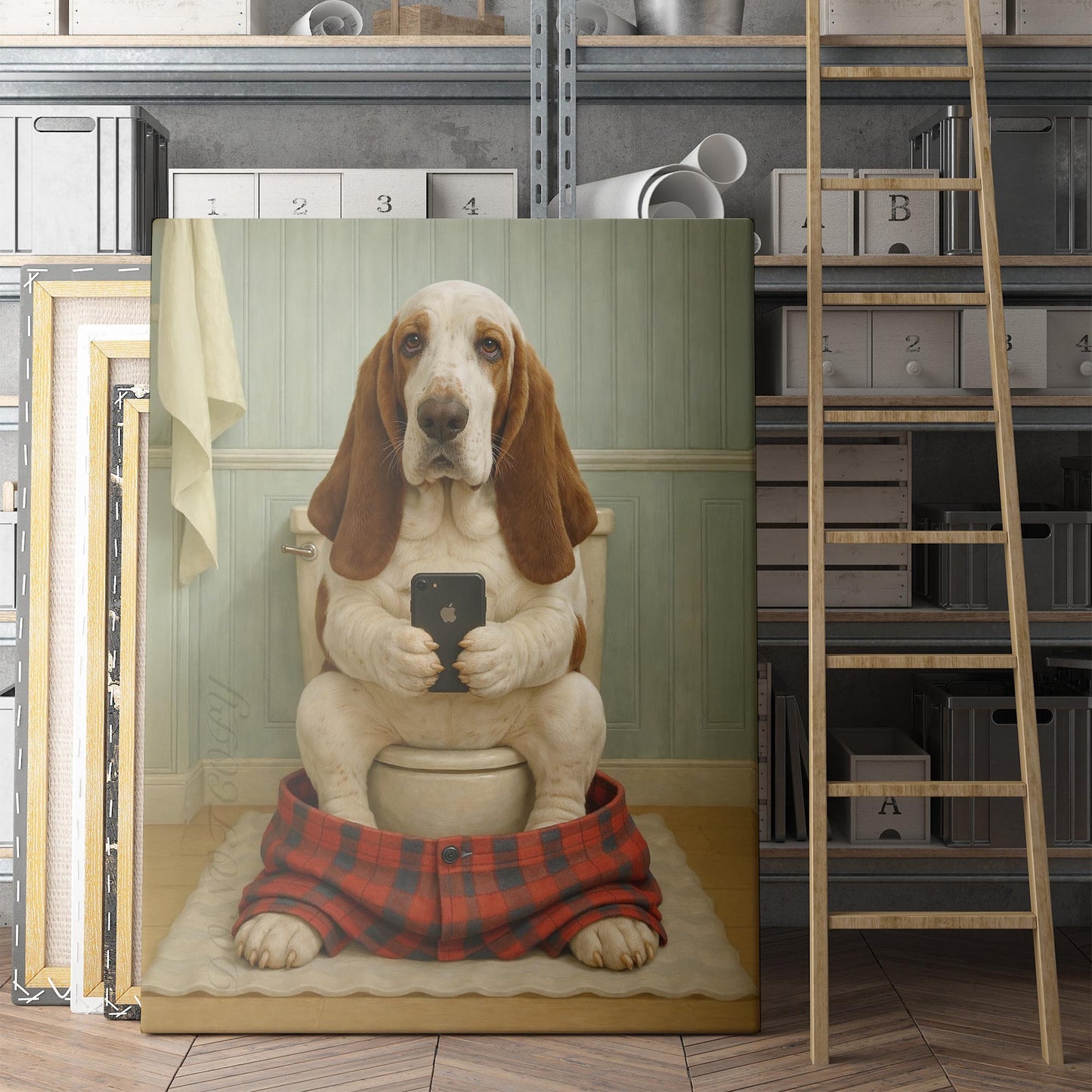 Basset Hound On The Phone On The Toilet