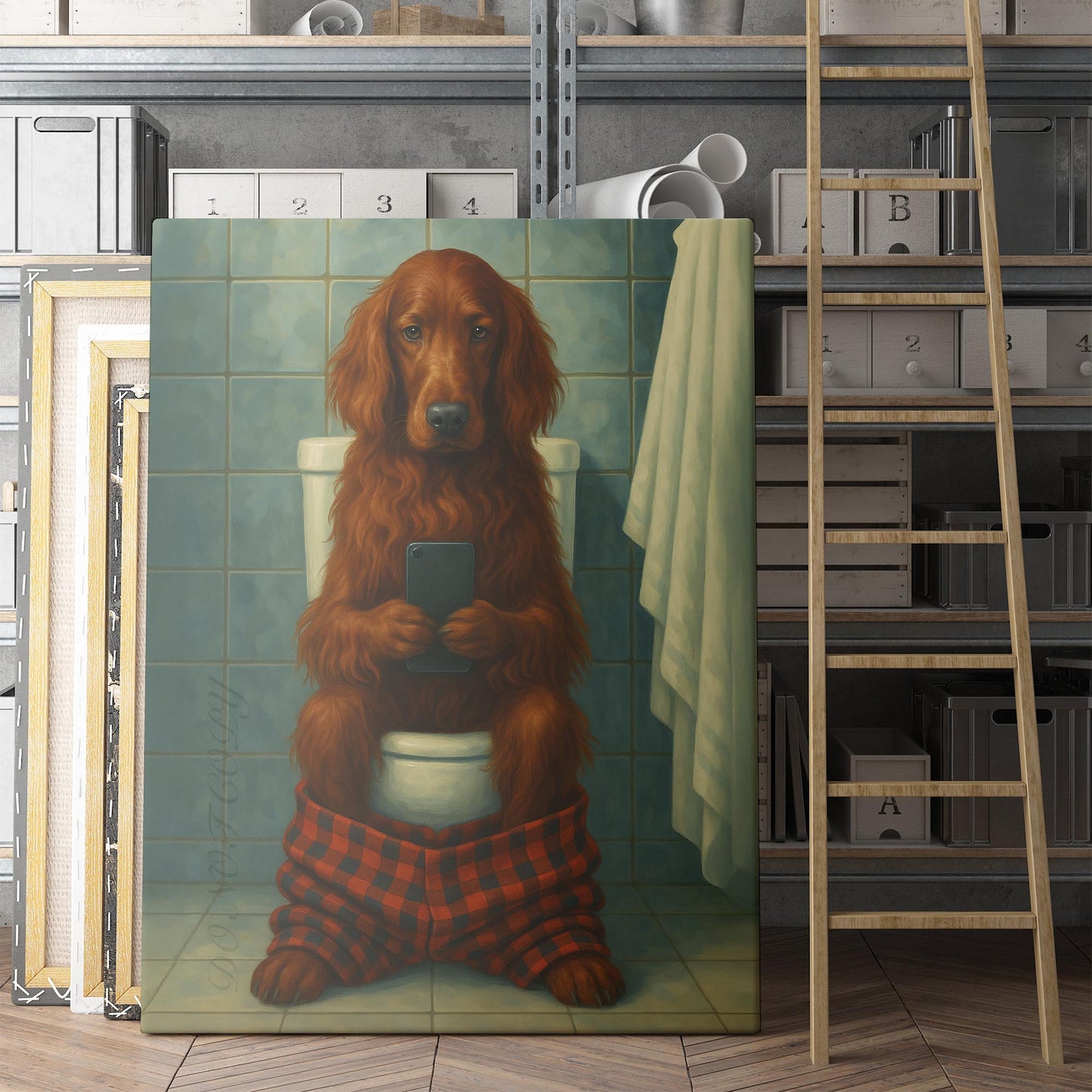 Irish Setter Dog On The Phone On The Toilet