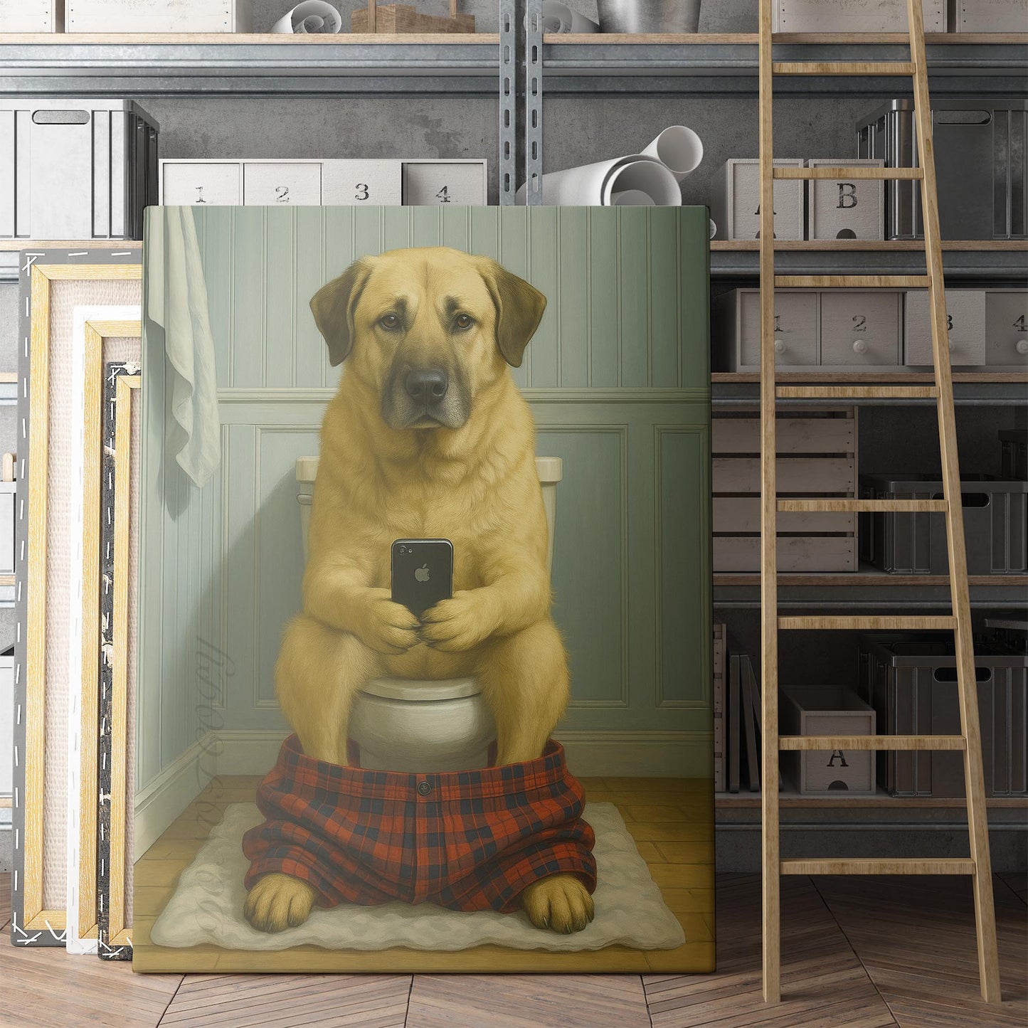 Anatolian Shepherd Dog On The Phone On The Toilet