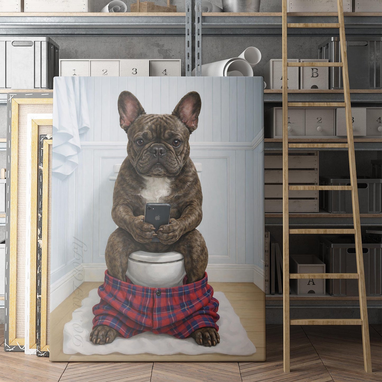 Brindle French Bulldog On The Phone On The Toilet