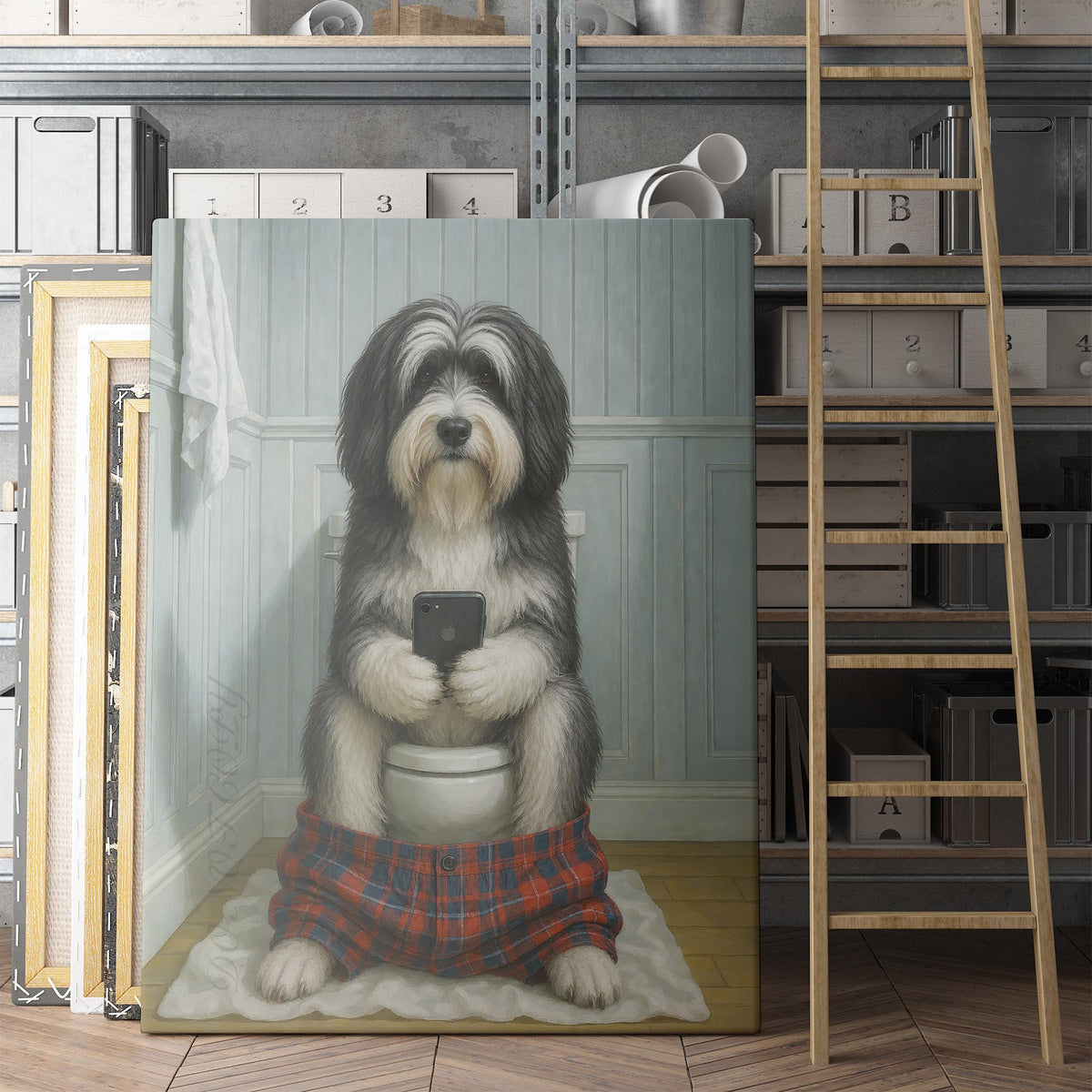 Tibetan Terrier Dog On The Phone On The Toilet