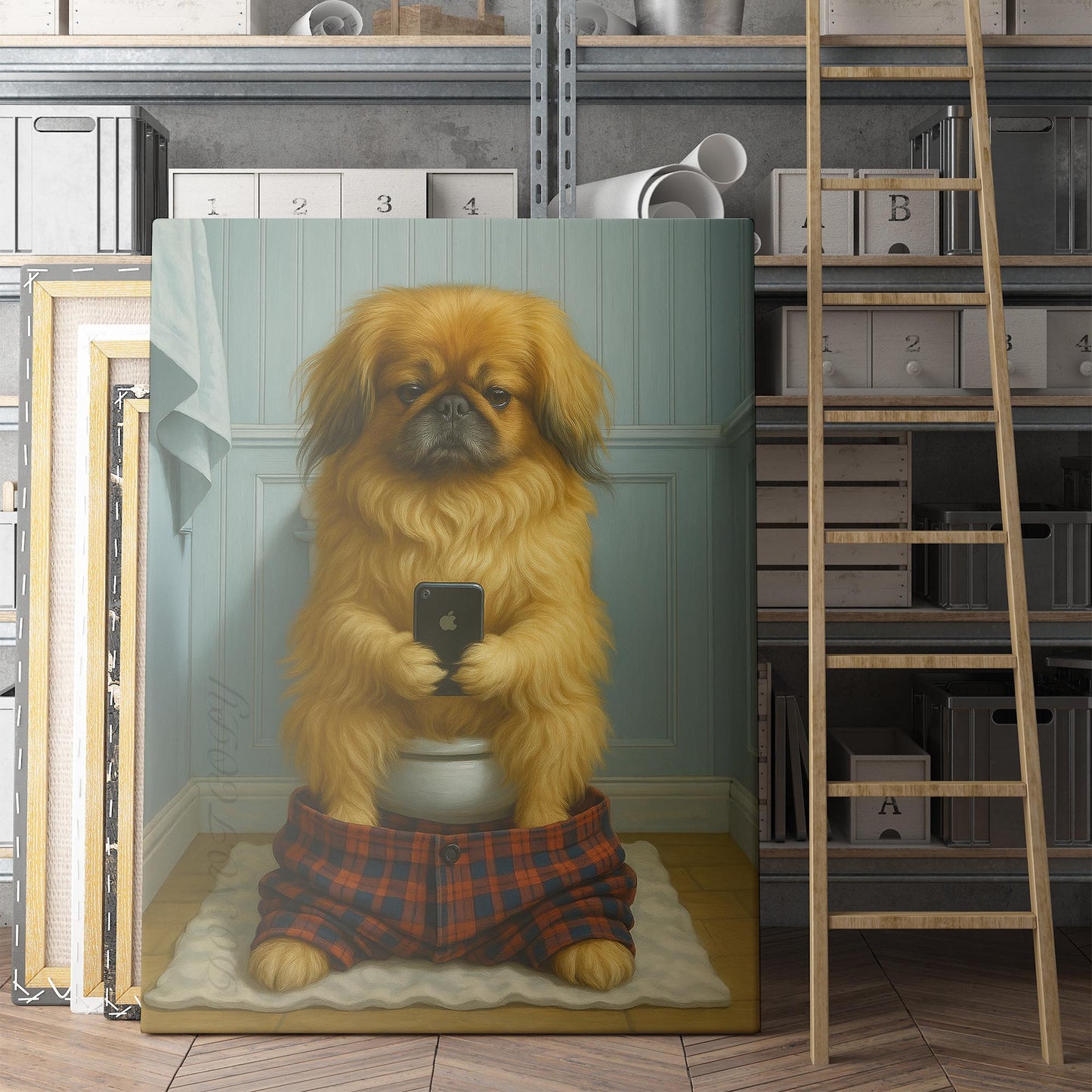 Pekingese Dog On The Phone On The Toilet