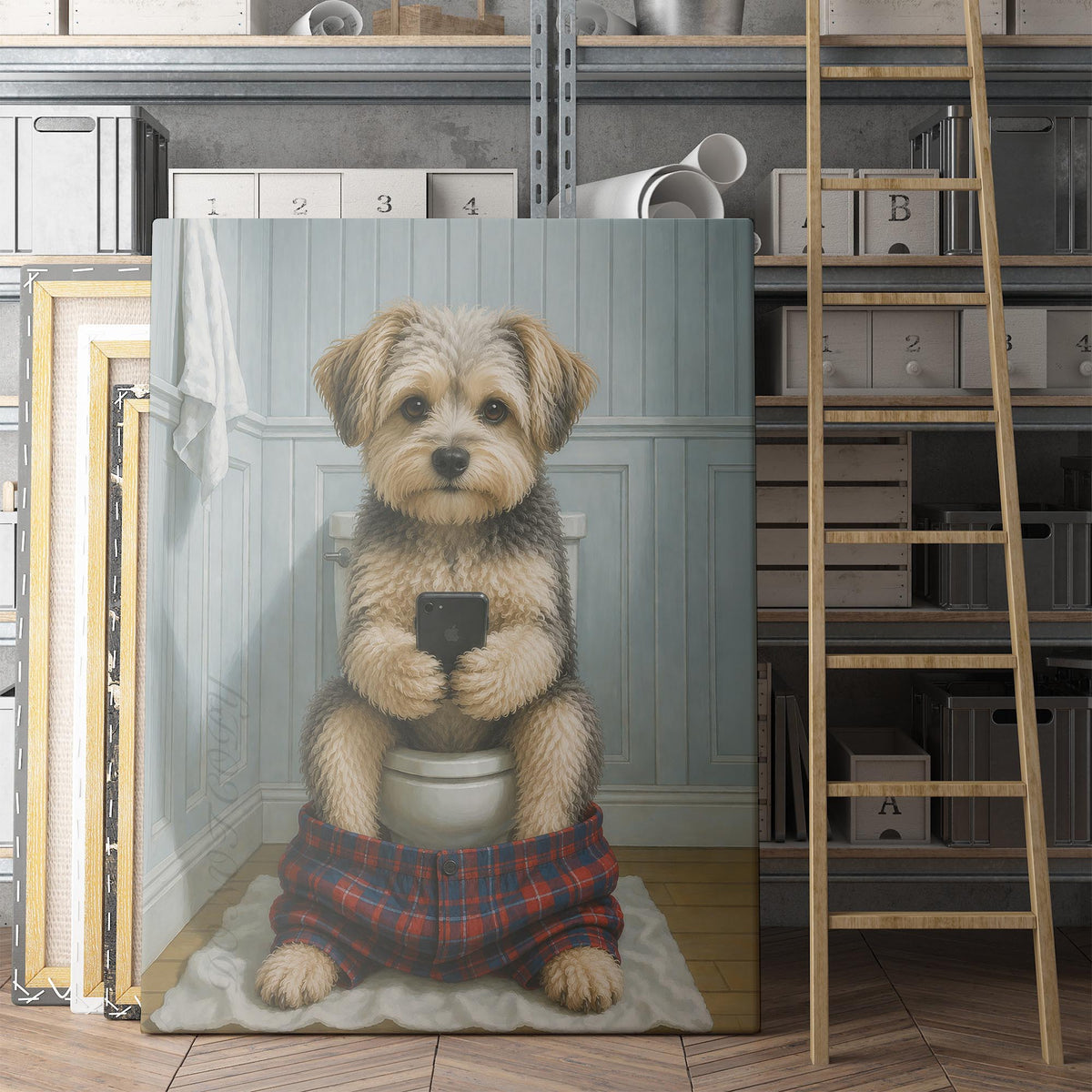 Morkie Dog On The Phone On The Toilet