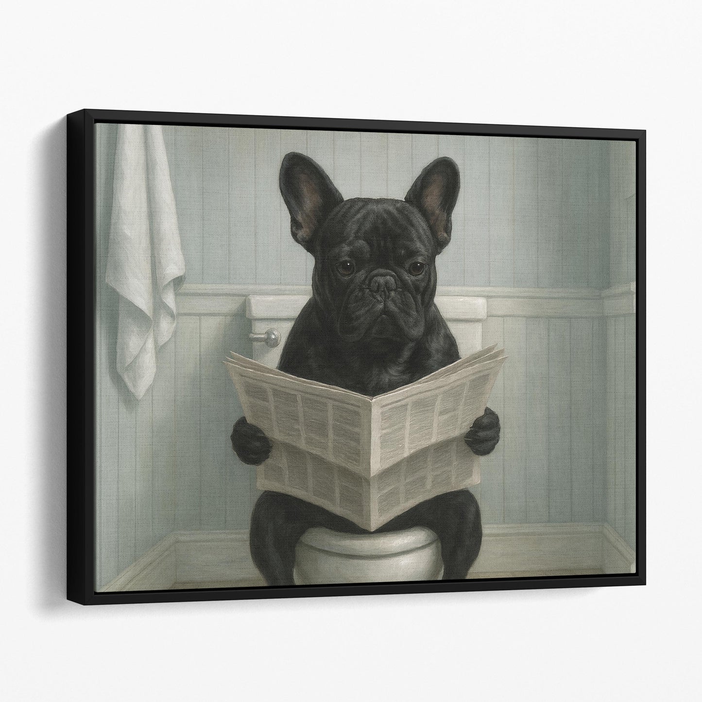 French Bulldog Reading The Newspaper On The Toilet