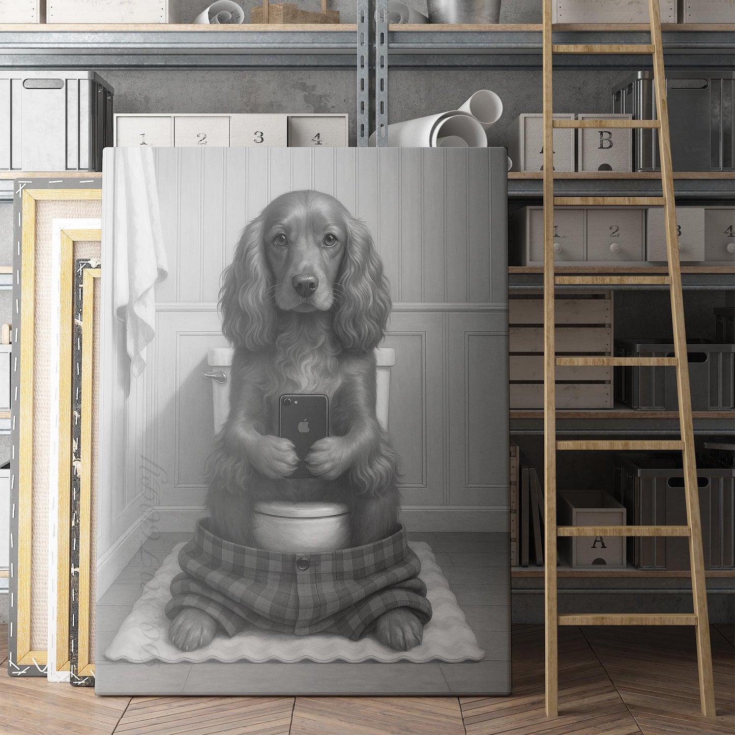 English Cocker Spaniel Dog On The Phone On The Toilet