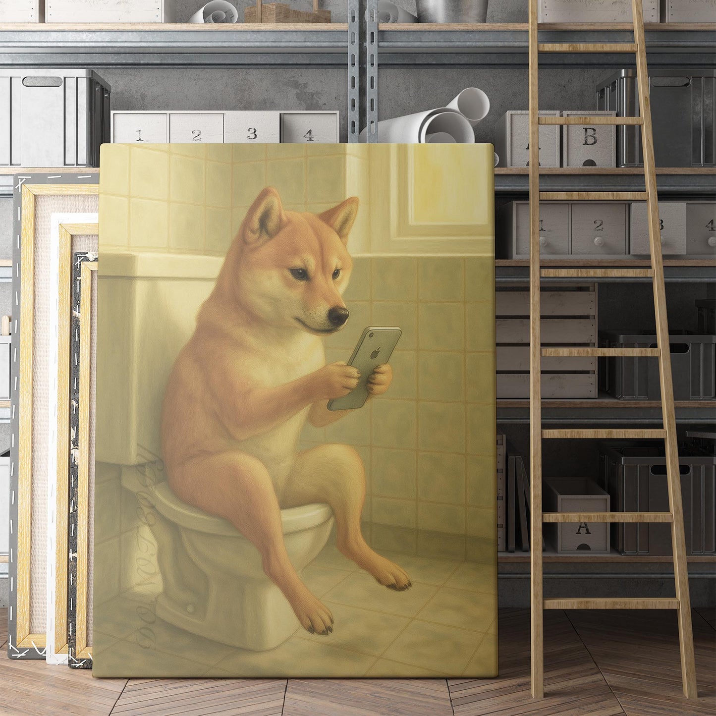 Shiba Inu On The Phone On The Toilet