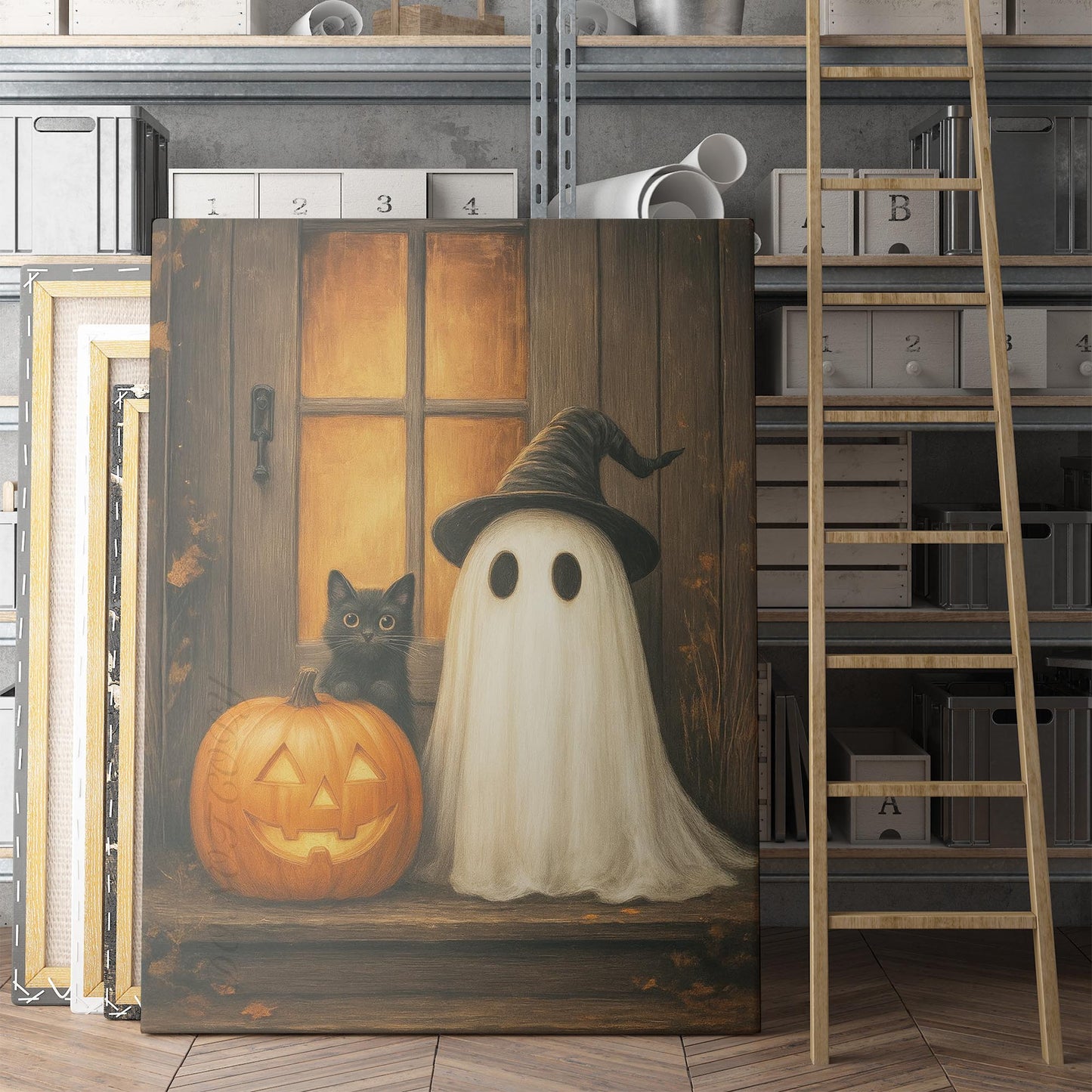 Ghost With A Black Cat And Pumpkin