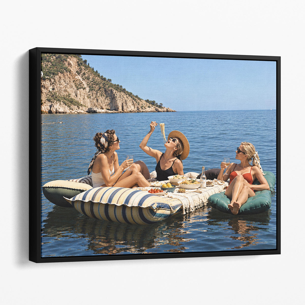 Floating Luncheon, Three Young Women Eat Spaghetti on Inflatable Mattresses