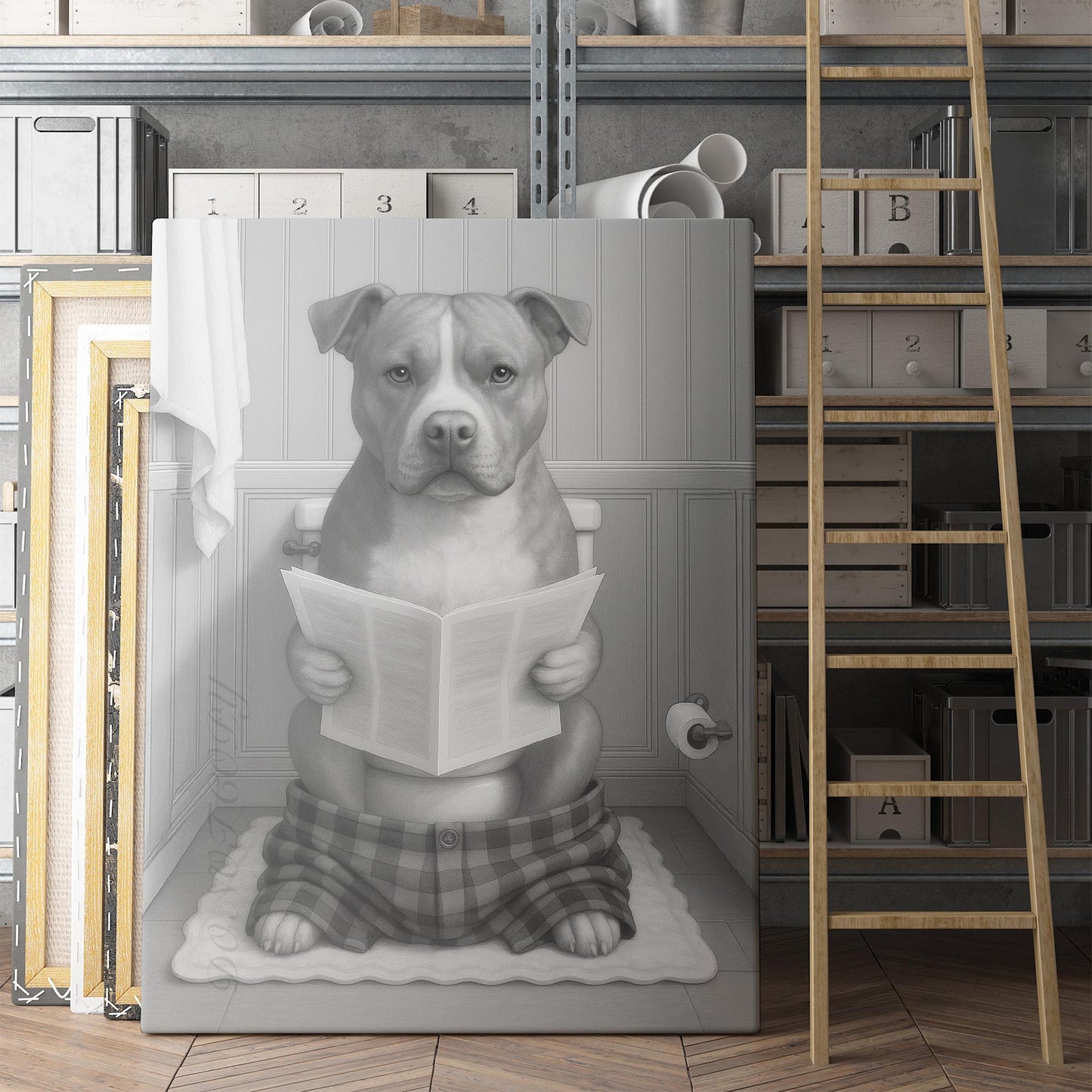 Pit Bull Dog Reading The Newspaper On The Toilet