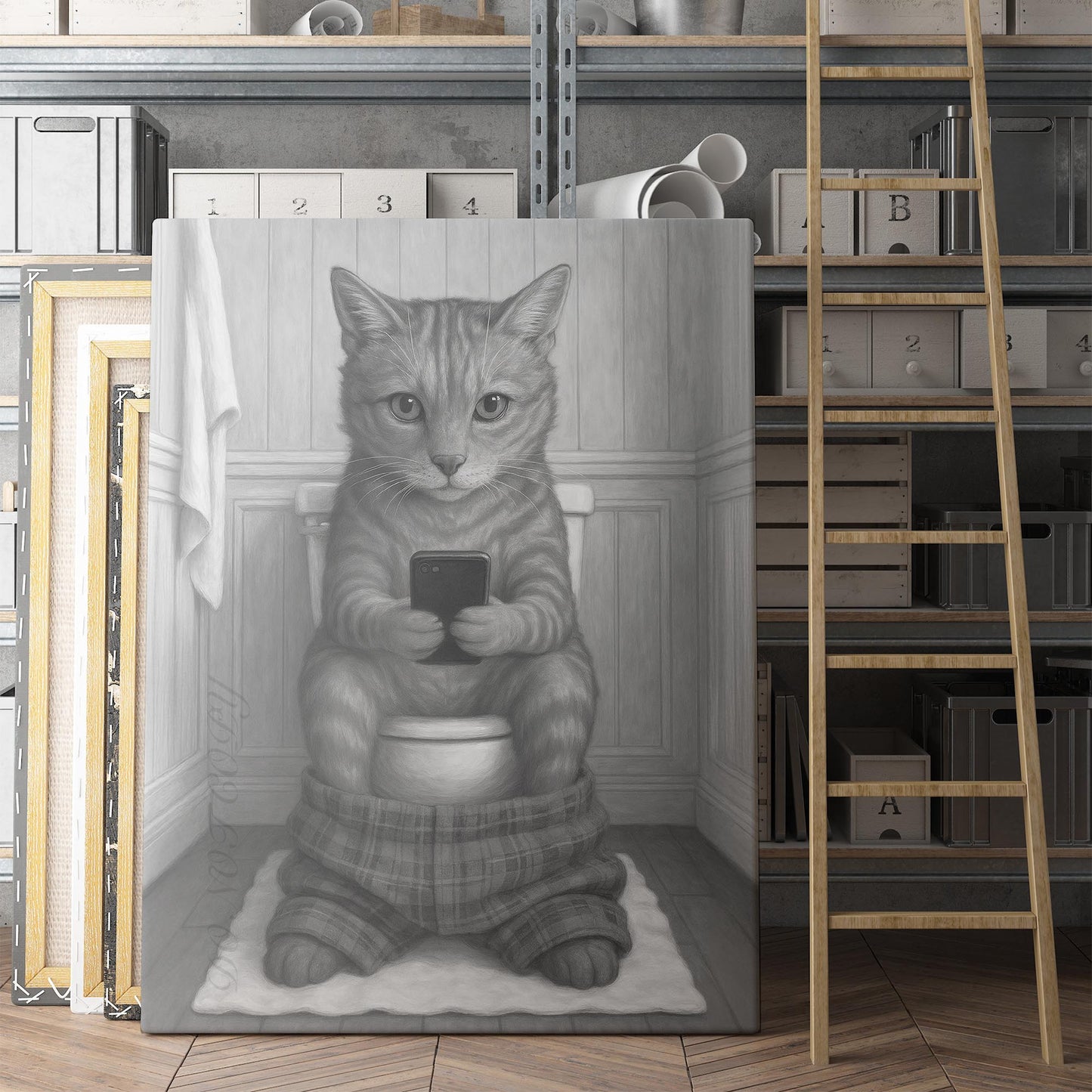 Cat On The Phone On The Toilet