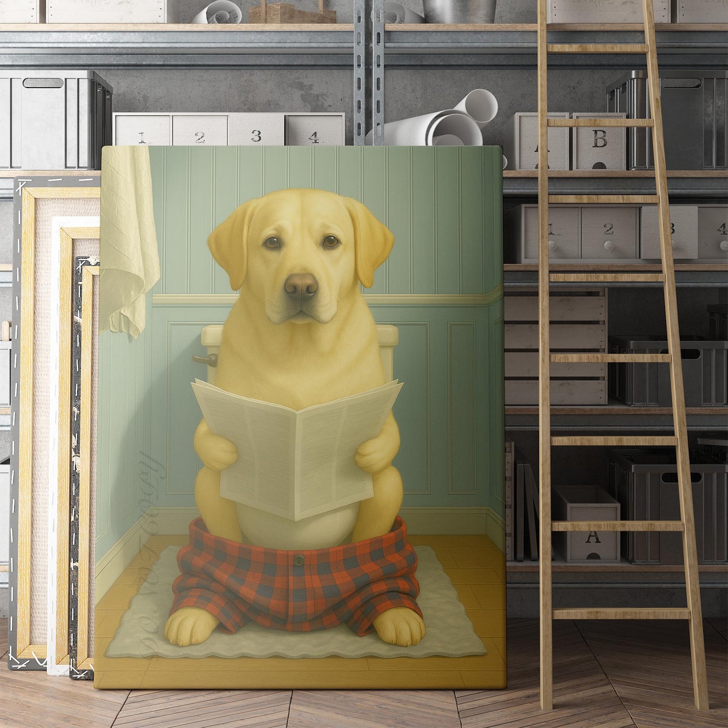 Yellow Labrador Retriever Dog Reading The Newspaper On The Toilet
