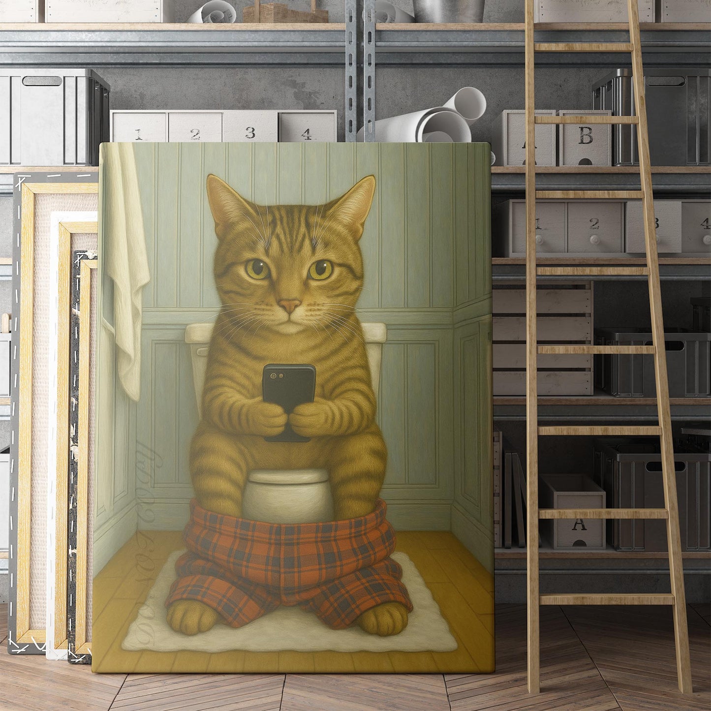 Domestic Shorthair Cat On The Phone On The Toilet