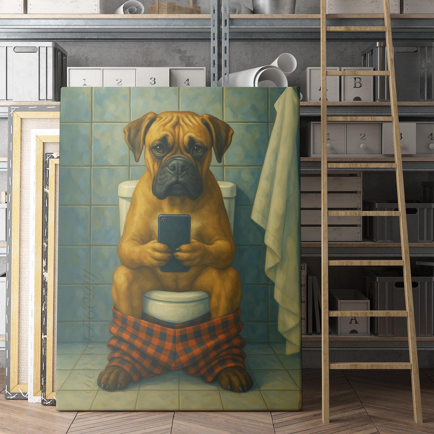 Boxer Dog On The Phone On The Toilet
