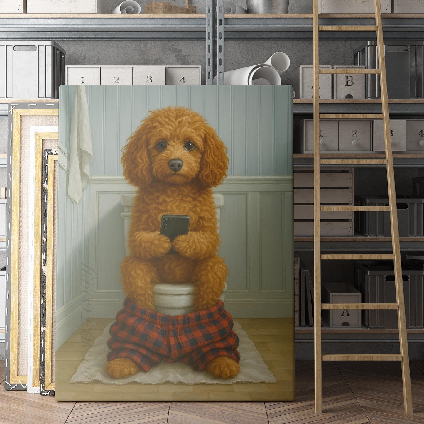 Cockapoo Dog On The Phone On The Toilet