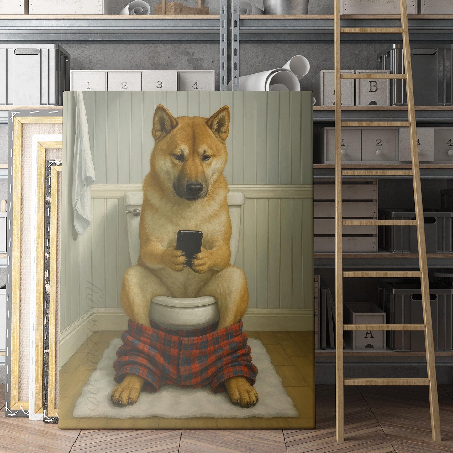 Akita Dog On The Phone On The Toilet