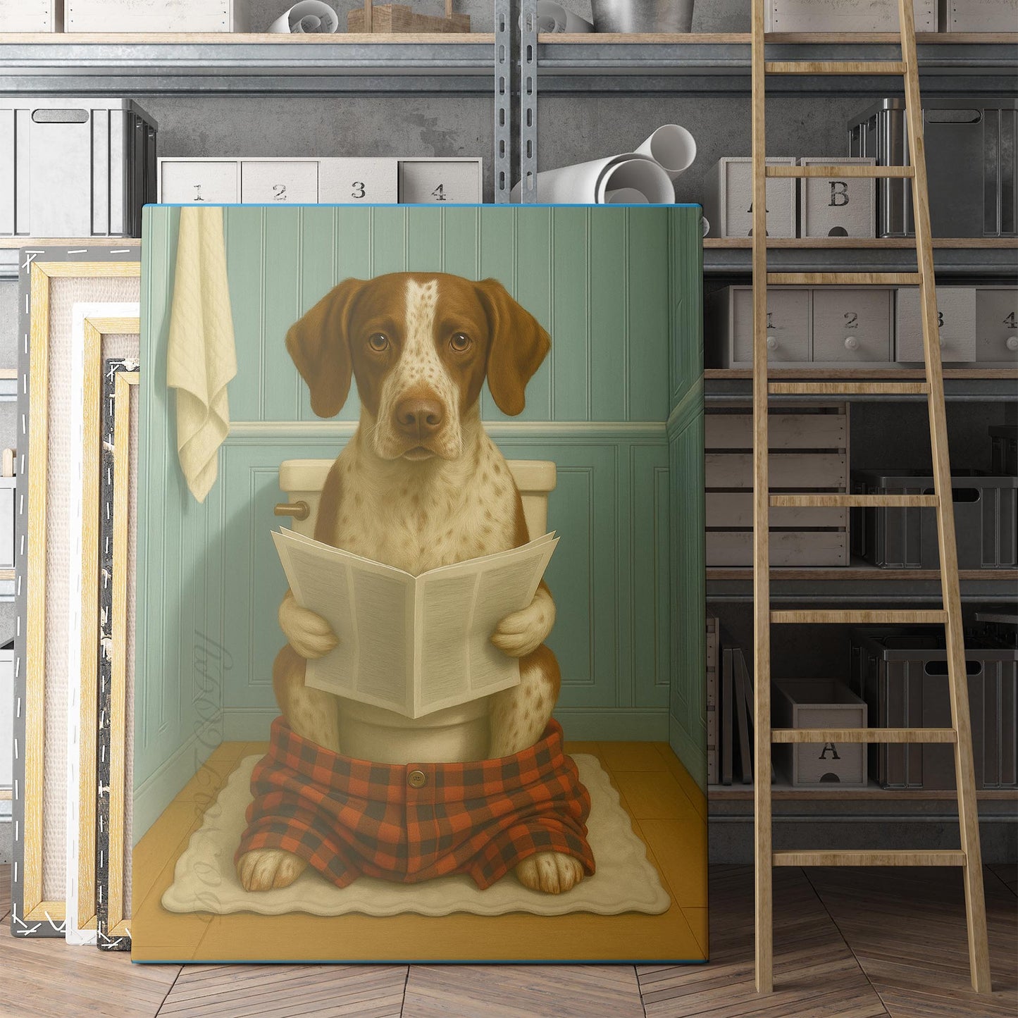 German Short Haired Pointer Dog Reading The Newspaper On The Toilet
