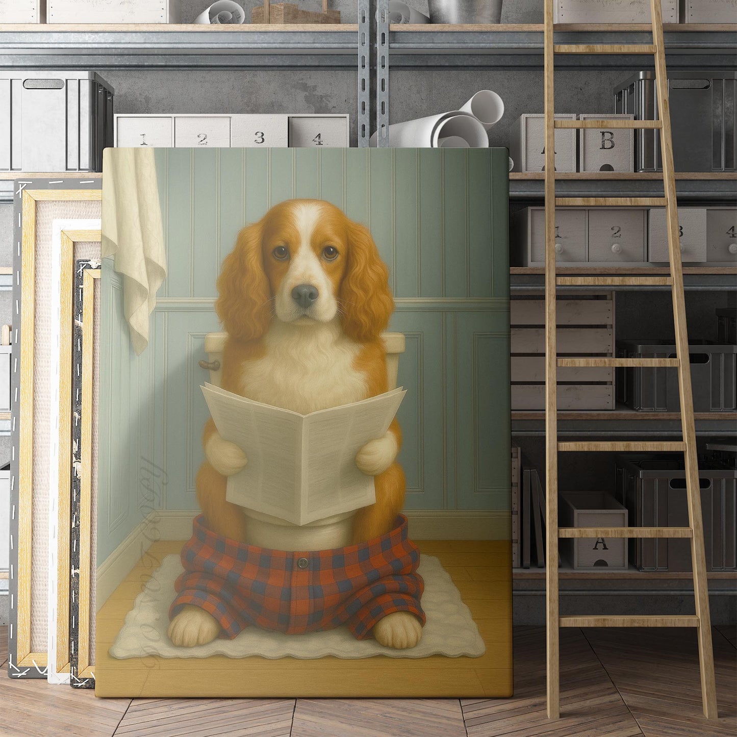 Cocker Spaniel Dog Reading The Newspaper On The Toilet