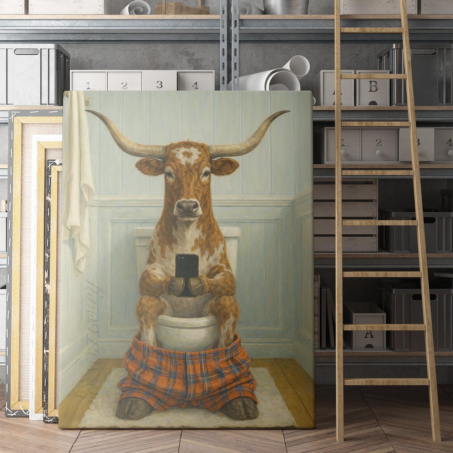 Texas Longhorn On The Phone On The Toilet