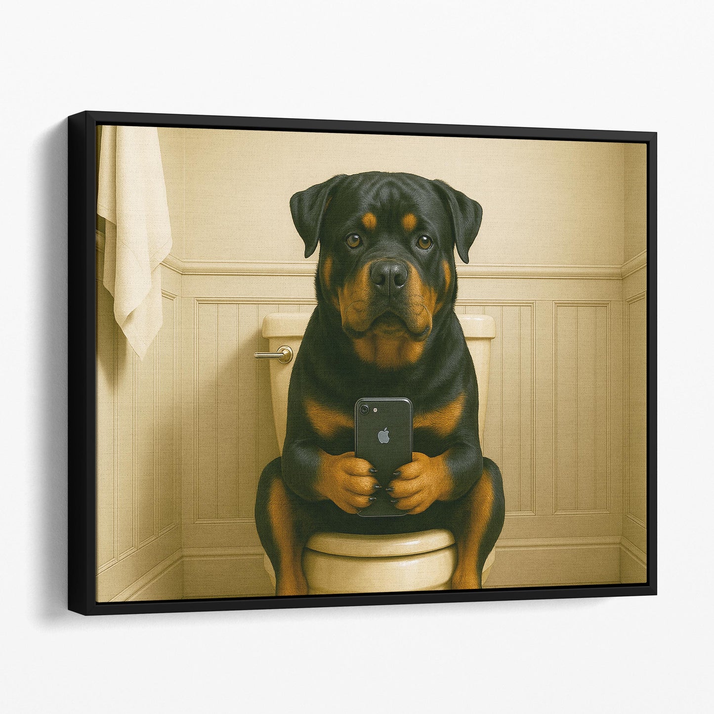 Rottweiler Dog On The Phone On The Toilet
