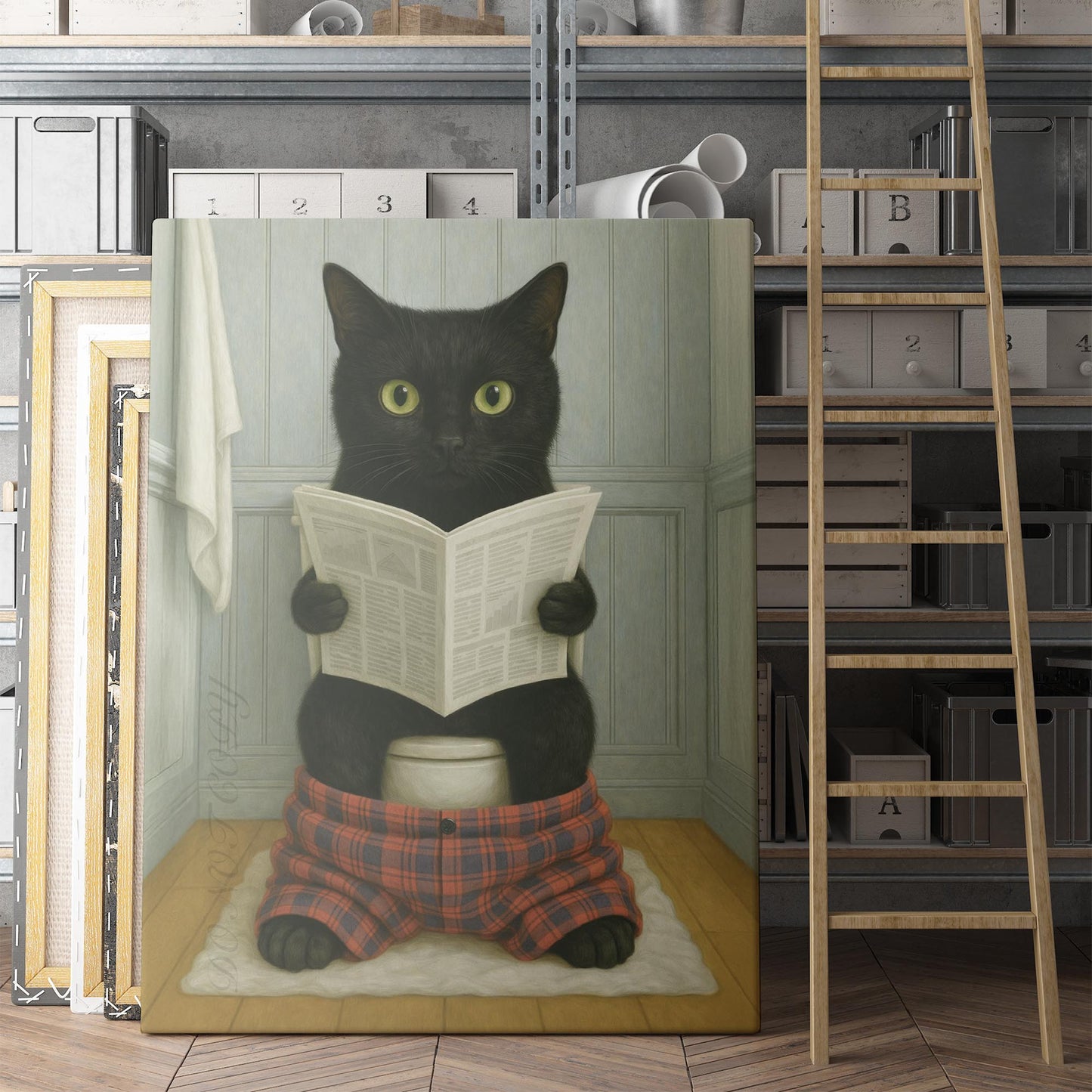 Black Cat Reading The Newspaper On The Toilet