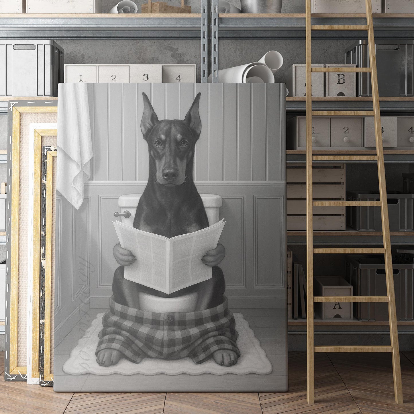 Dobermann Dog Reading The Newspaper On The Toilet