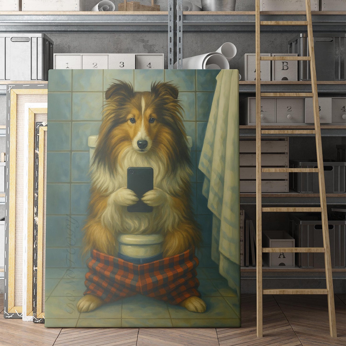 Sheltie Dog On The Phone On The Toilet