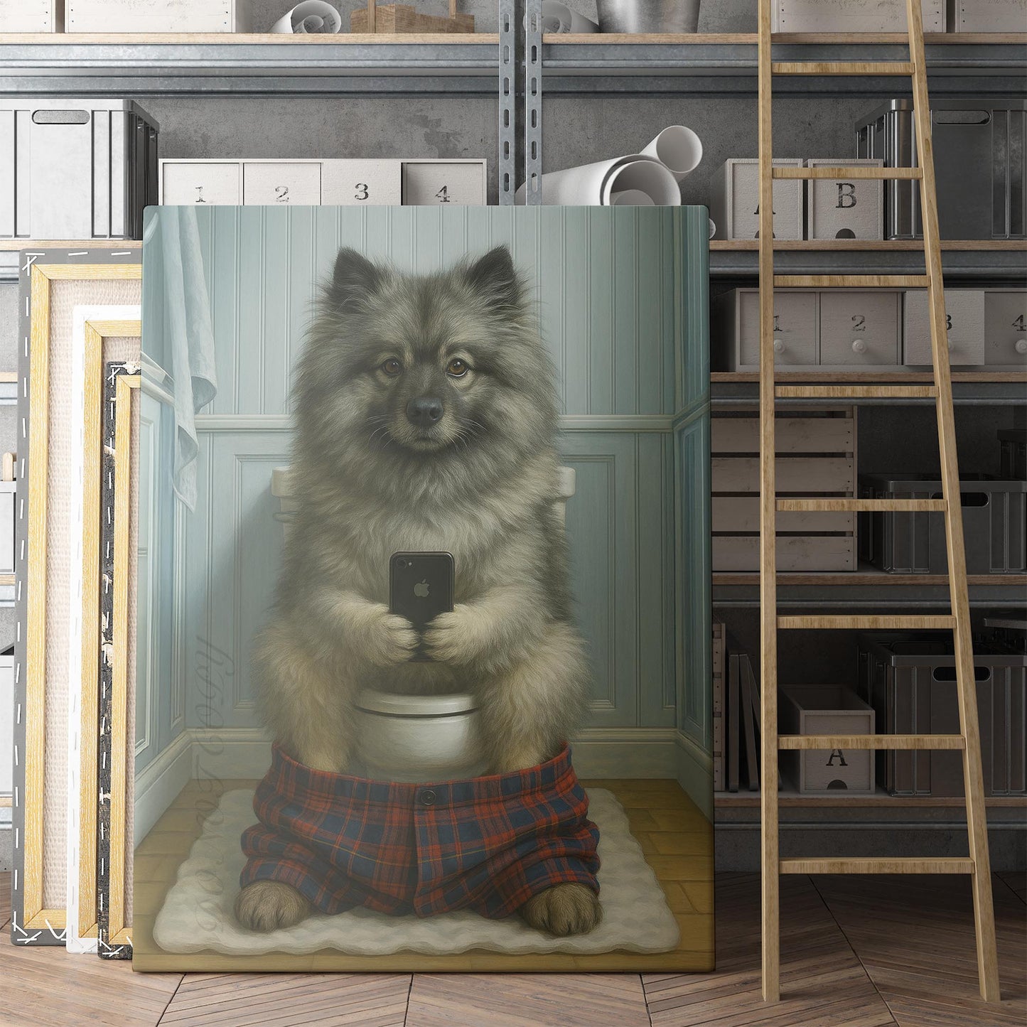 Keeshond Dog On The Phone On The Toilet