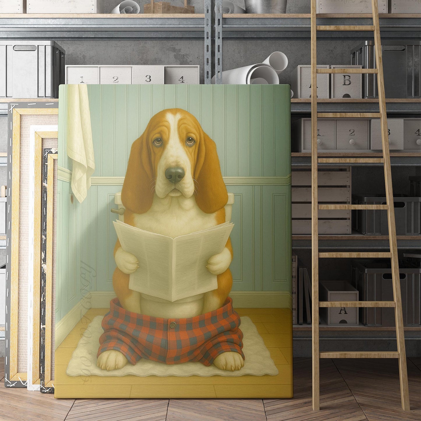Basset Hound Dog Reading The Newspaper On The Toilet