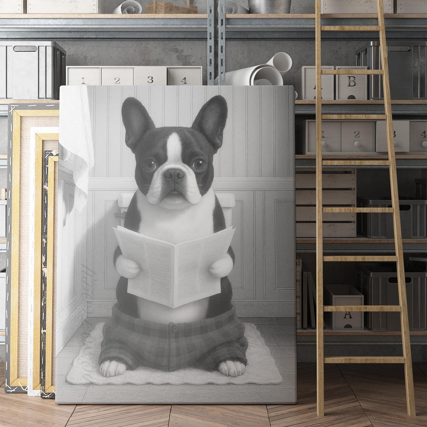 French Bulldog Reading The Newspaper On The Toilet