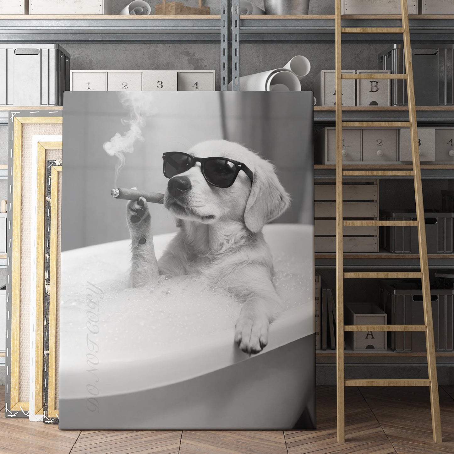 Golden Retriever Dog Bathtub Cigar
