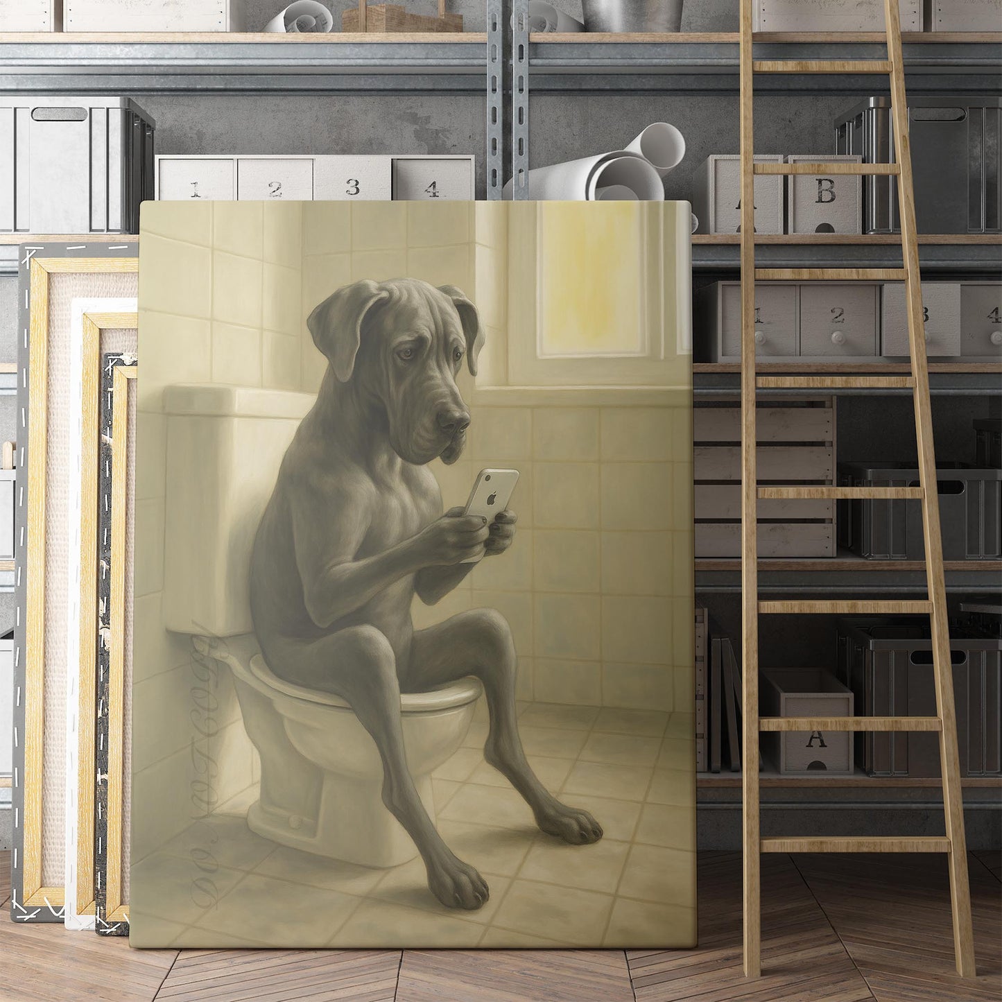 Great Dane Dog On The Phone On The Toilet