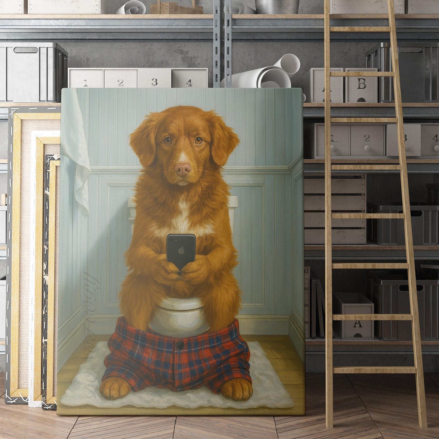 Nova Scotia Duck Tolling Retriever Dog On The Phone On The Toilet