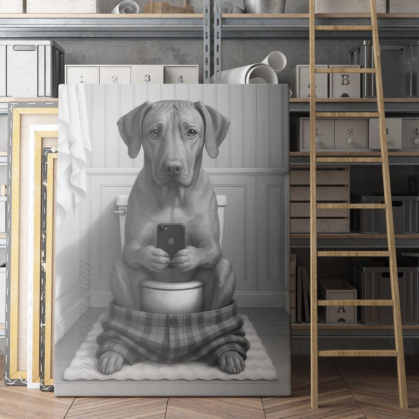 Rhodesian Ridgeback Dog On The Phone On The Toilet