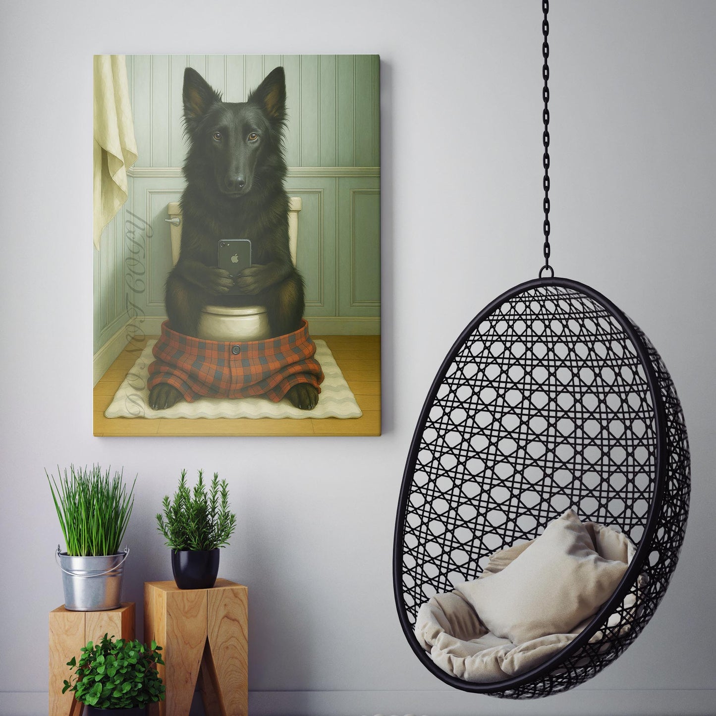 Belgian Shepherd Dog On The Phone On The Toilet
