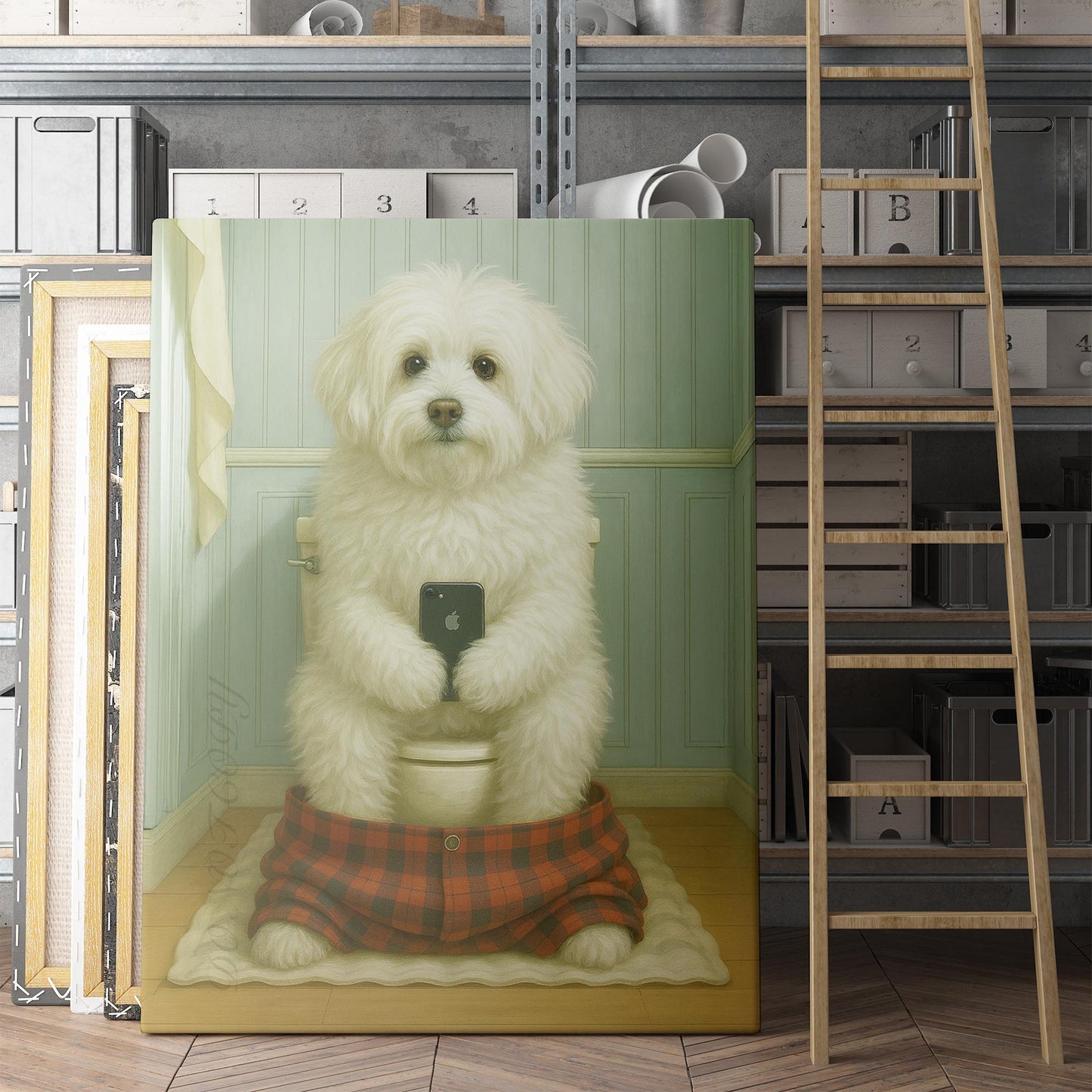 Coton de Tulear Dog On The Phone On The Toilet